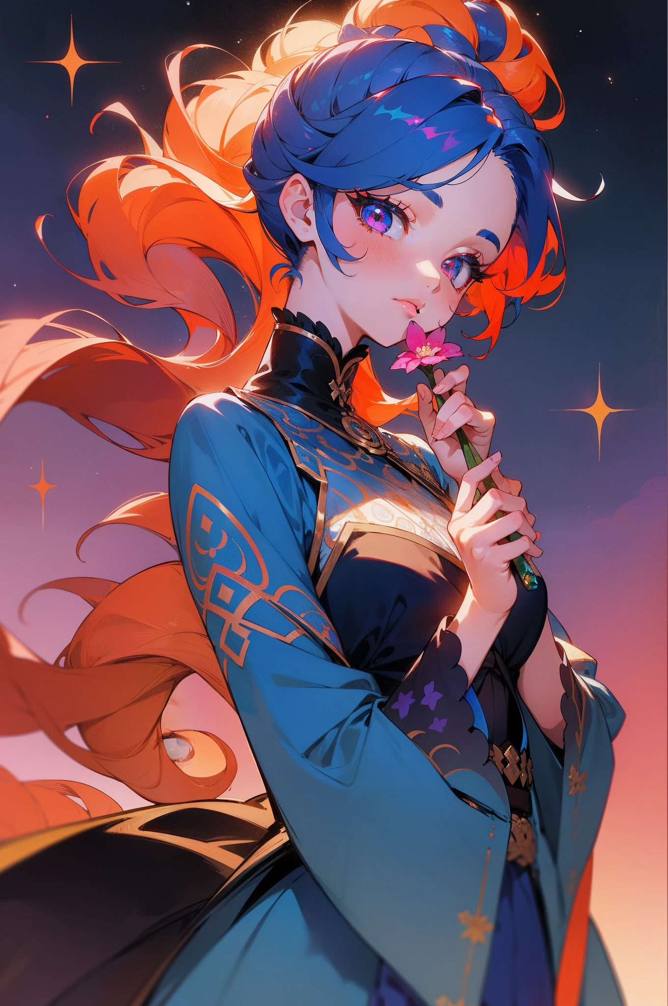 ((tmasterpiece)), (((beste-Qualit))), Tragic pose, Deep sad look, illustartion, 1 girl, holding flower, Sniffing a flower, The lips are hidden behind a flower, flower, Majestic view, Princess, (multi-colored hair, Hair gradient, blue hair, Hair color from blue to peach, pink curls, orange hair ends, (without bangs), curly curl on the cheek, hairstyle: high ponytail, long tail), The eyes are crimson-red, A detailed eye, long eyelashes, narrowed eyes, big breastes, Regular, (Traditional blue costume, Clothing of a northern character, fur, Layering of clothes, Small Blue Gemstones, white patterns on the fabric in the form of stars), Simple background, Dark tones, around dark, moon light