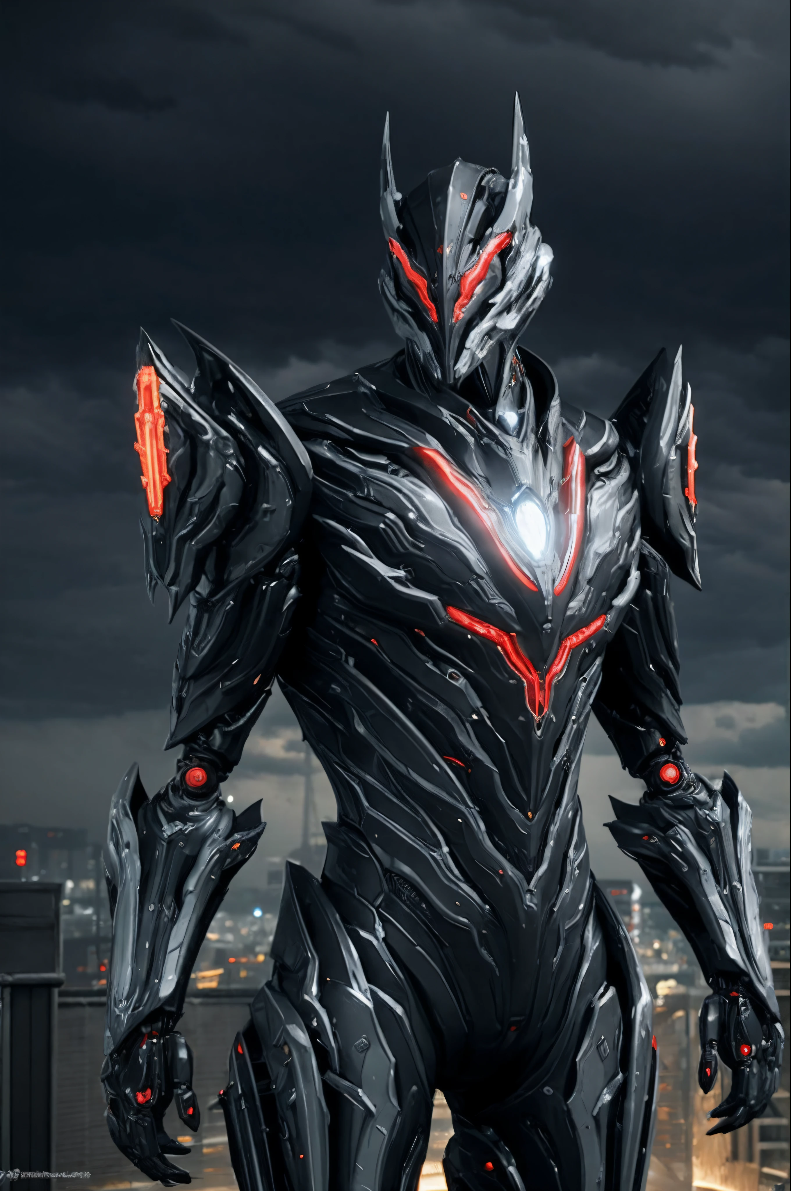 1 robotic dragon-man, WARFRAME, intricate pattern, heavy metal, energy lines, faceless, glowing eyes, elegant, intense, blood red and black uniform, solo, modern, city, streets, dark clouds, thunderstorm, heavy rain,
dramatic lighting,
(masterpiece:1.2), best quality, high resolution,   beautiful detailed, extremely detailed, perfect lighting,