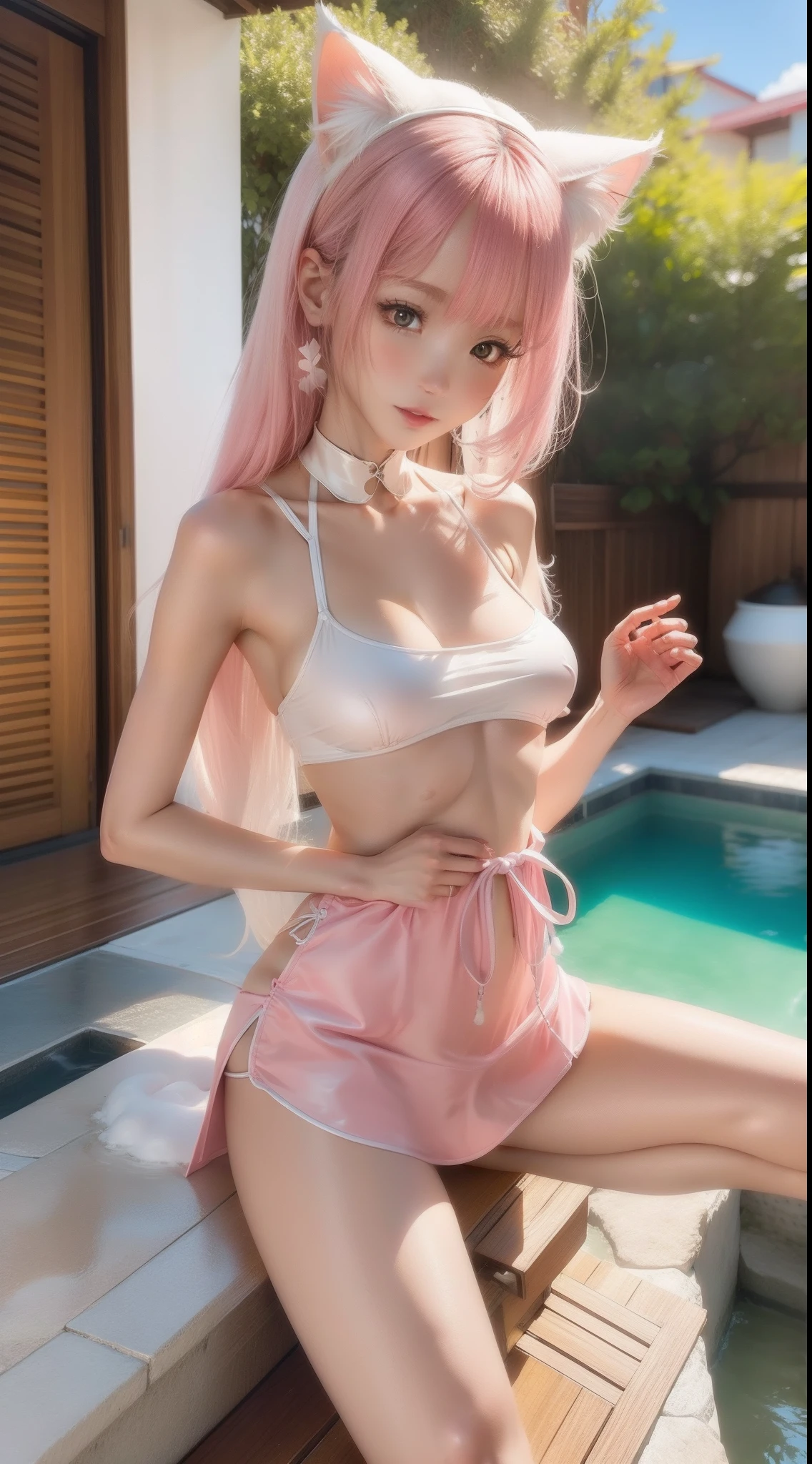White silk hot spring cat ear girl bare breasts long legs,Pink miniskirt