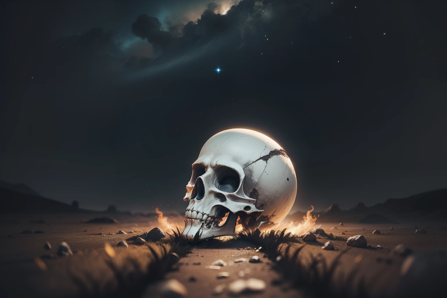 Skull mixed with clouds and witches