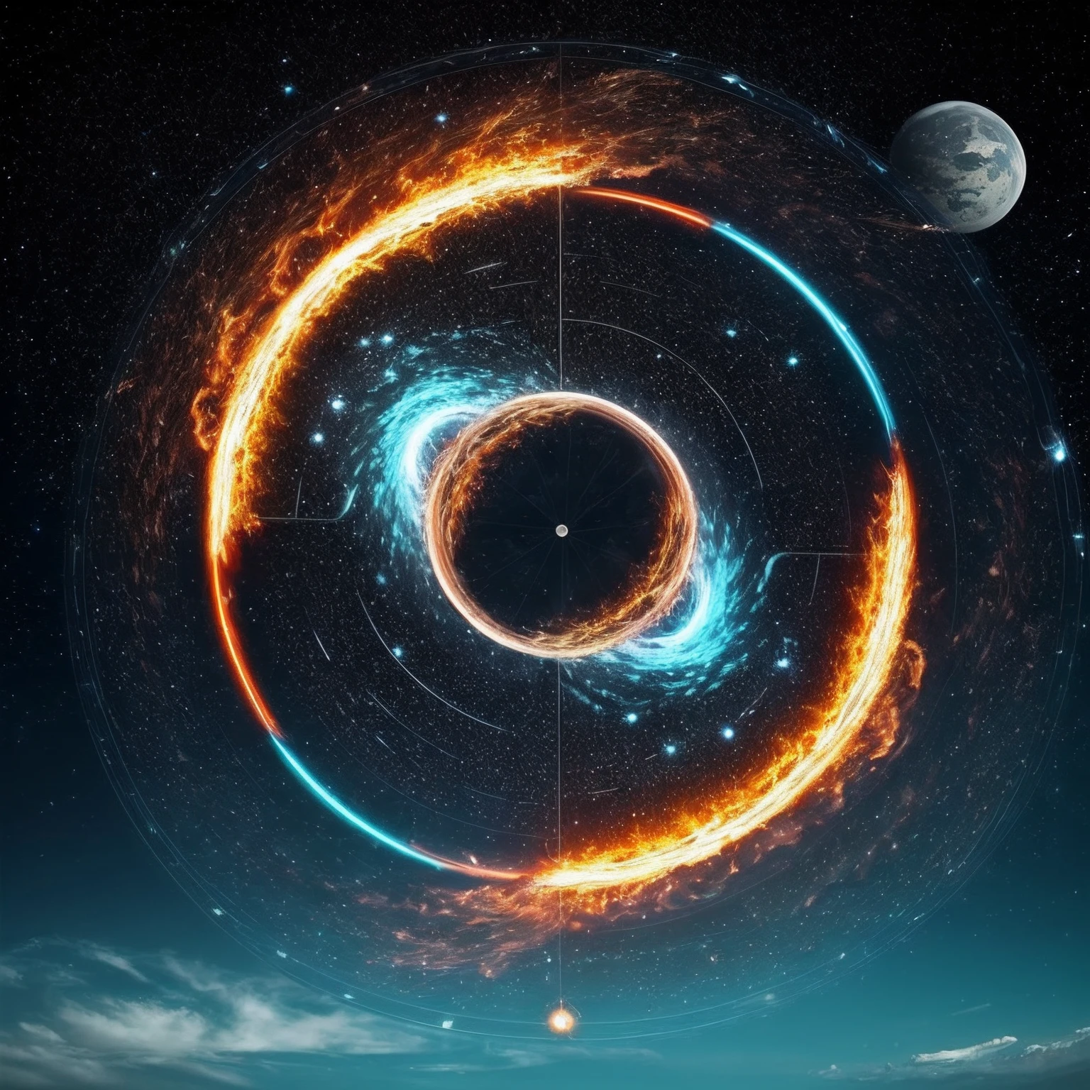 Reincarnation, Infinity, Planetary Rings, Perpetual Motion, Circulating Purified Water, Rotating Wind, Swirling Stars,fire ring, aqua Wheel
