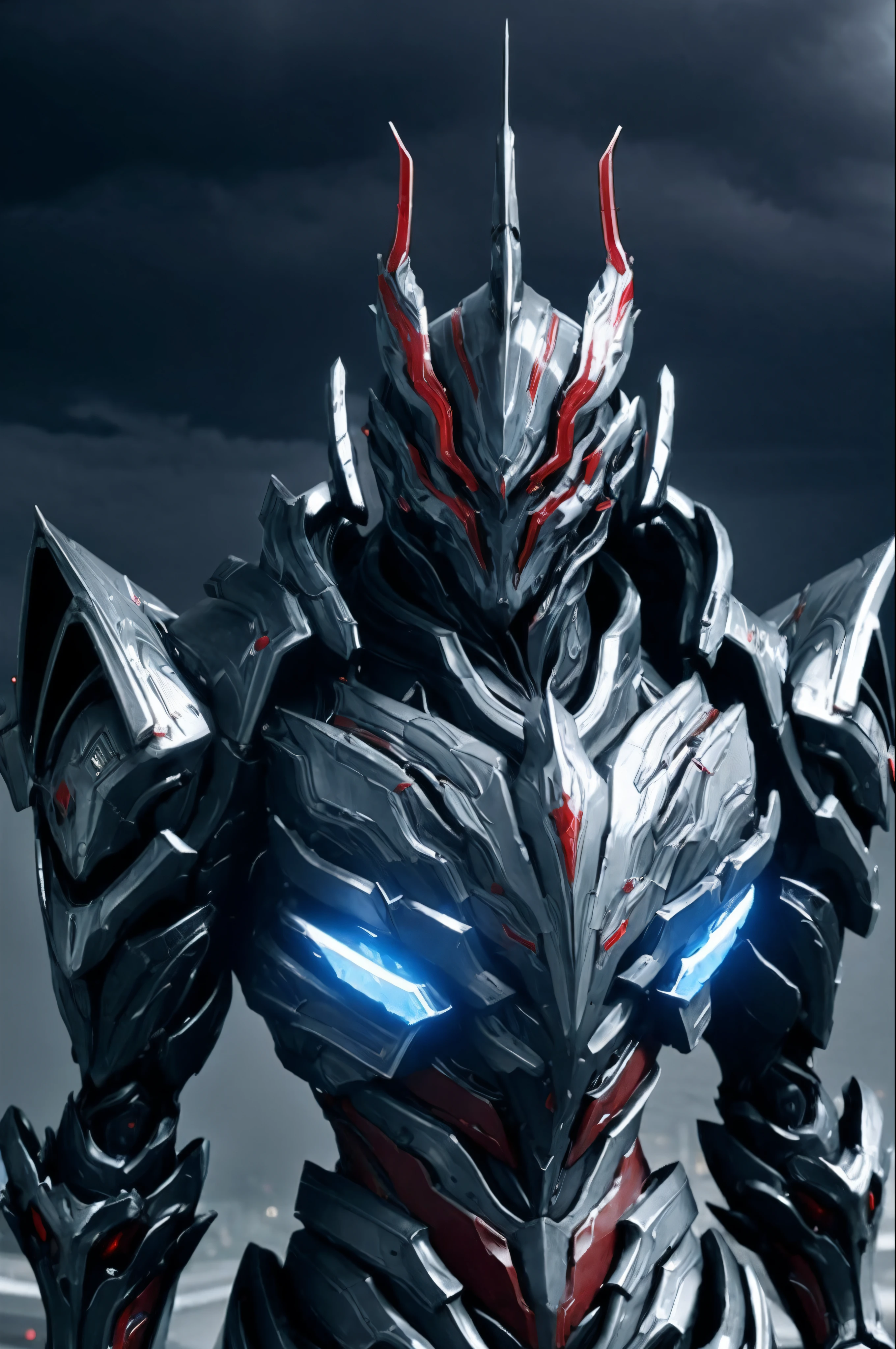1 robotic dragon-man, blue and silver, WARFRAME, intricate pattern, heavy metal, energy lines, faceless, glowing eyes, elegant, intense, blood red and black uniform, solo, modern, city, streets, dark clouds, thunderstorm, heavy rain,
dramatic lighting,
(masterpiece:1.2), best quality, high resolution, beautiful detailed, extremely detailed, perfect lighting,