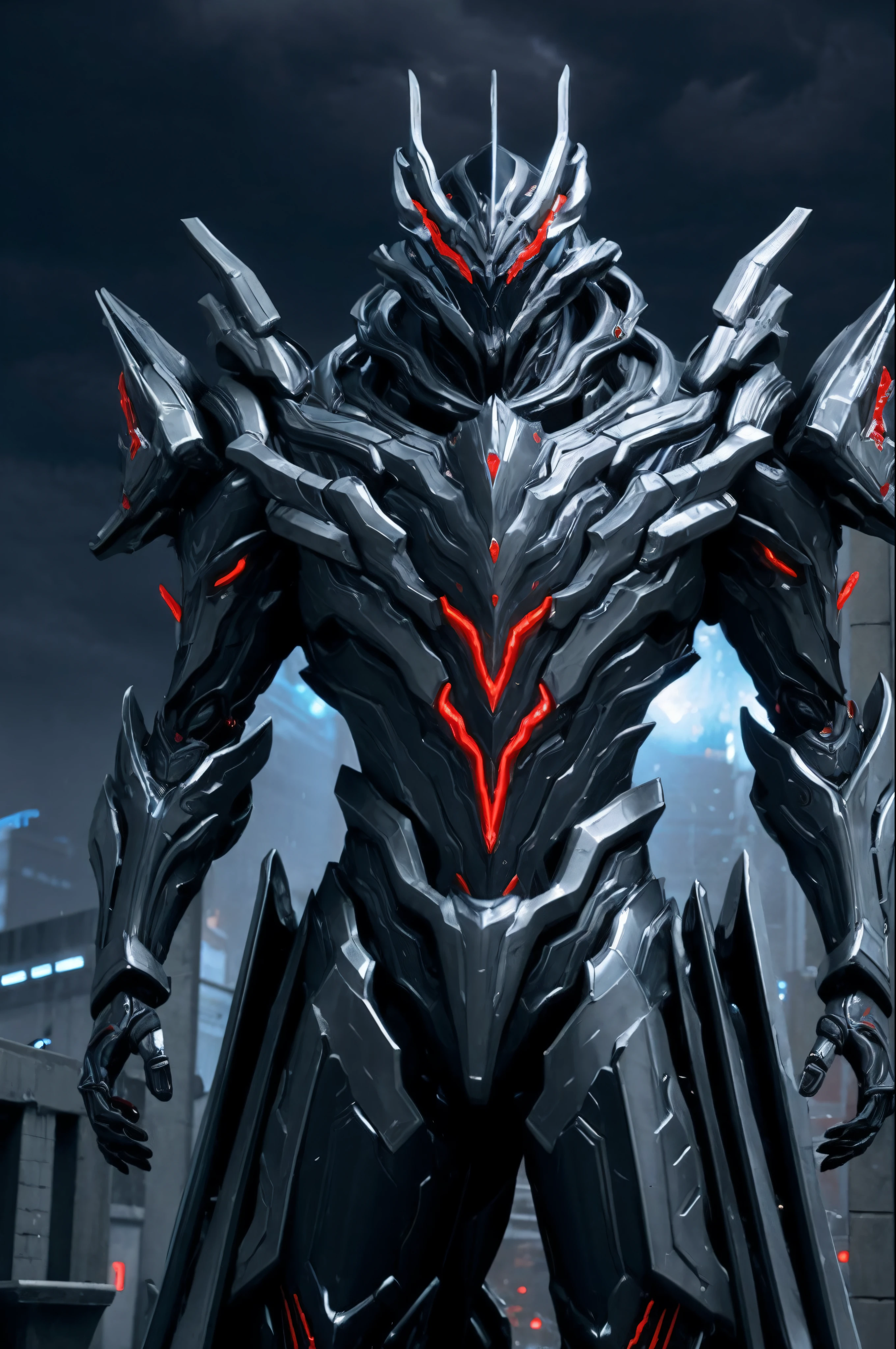 1 robotic dragon-man, blue and silver, WARFRAME, intricate pattern, heavy metal, energy lines, faceless, glowing eyes, elegant, intense, blood red and black uniform, solo, modern, city, streets, dark clouds, thunderstorm, heavy rain,
dramatic lighting,
(masterpiece:1.2), best quality, high resolution, beautiful detailed, extremely detailed, perfect lighting,