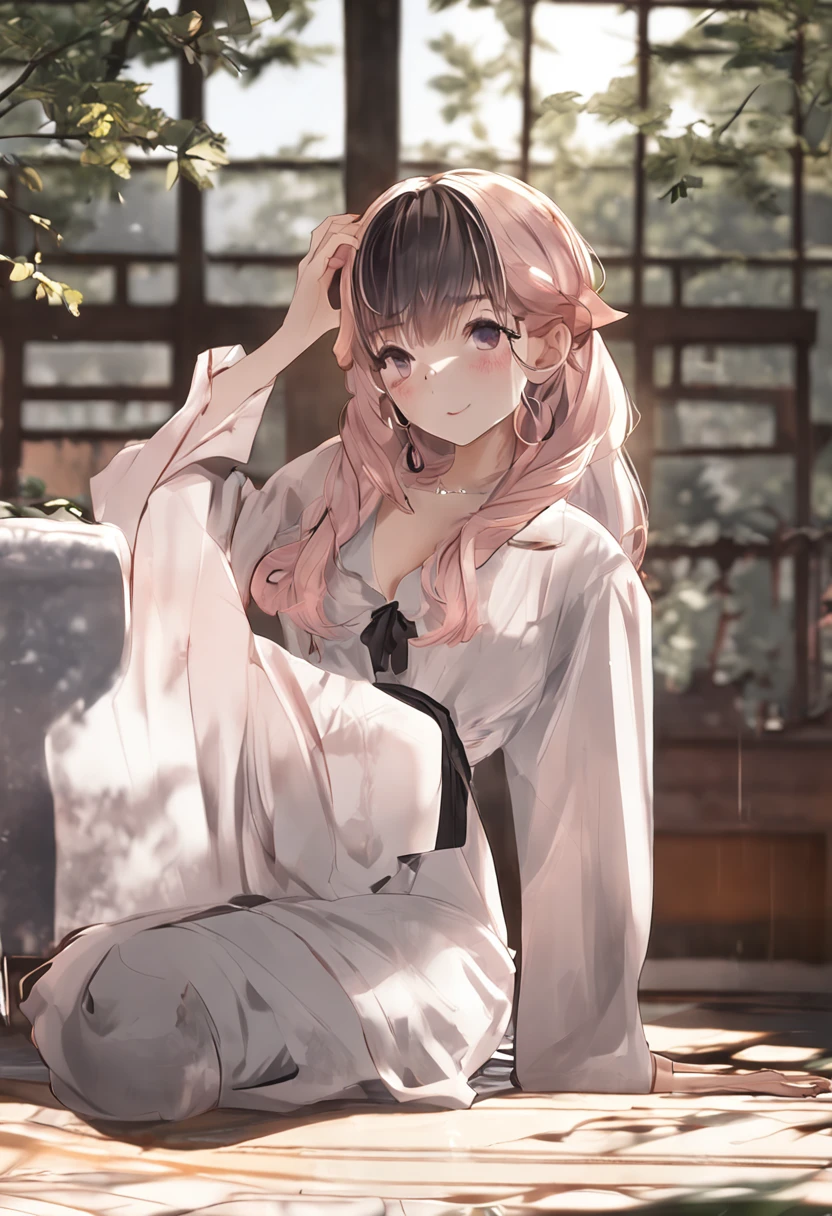 (8K, 4K, Best quality, A high resolution:1.2), (marsterpiece, Realistic, photograph realistic:1.37), 1girll, Solo, Beautiful face, eyeslashes, nase, Glossy lips, (Detailed eyes, view the viewer, Fair skin, White skin:1.5), fine complexion, Upper body, Large breasts, Busty, , (:1.5), Outdoor onsen, two sides up, Absurdly long hair, Blonde hair, Pink hair, bangs, hair adornments, bow, Younger, No clothes, no clothes