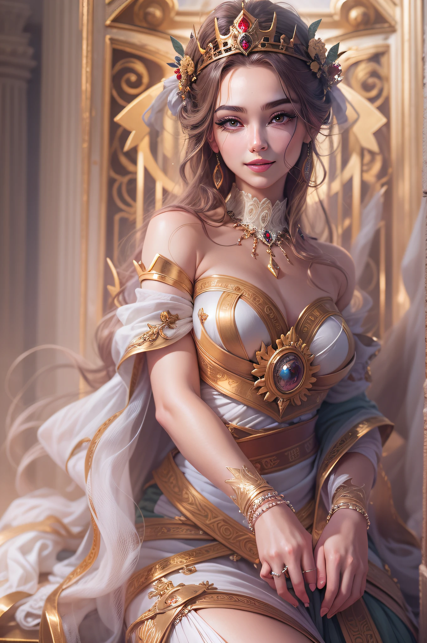 The personification of Zeus in Greek mythology 、Young Woman - Knowledgeable、omnipotence、Rule the entire universe、Unparalleled power、Sit on the throne where the true king sits、Miss King's Tiara、Sophisticated illustrations、Big eyes、Transparent eyes、Beautiful makeup、long eyeslashes、A smile、Smile、thin and thin eyebrows、Solo Photography、beatiful detailed eyes、vertical stripes imagem 4k 超A high resolution、Overall photo