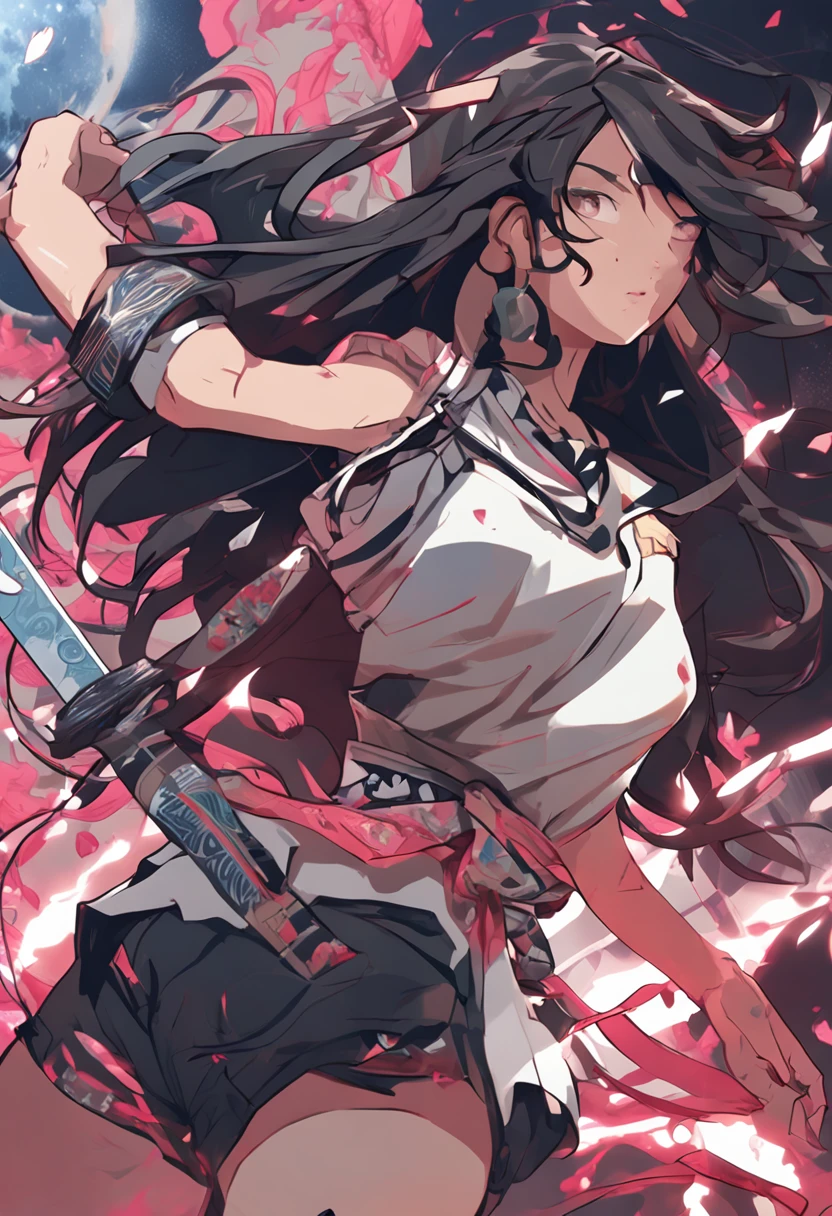 (((frontage,Full-body figure))) A dark-haired, femele, a cool,colourfull,Japanese Katana Sword,PlayingCards,Character Focus, cinema4d, 4K resolution, Complementary natural tones
