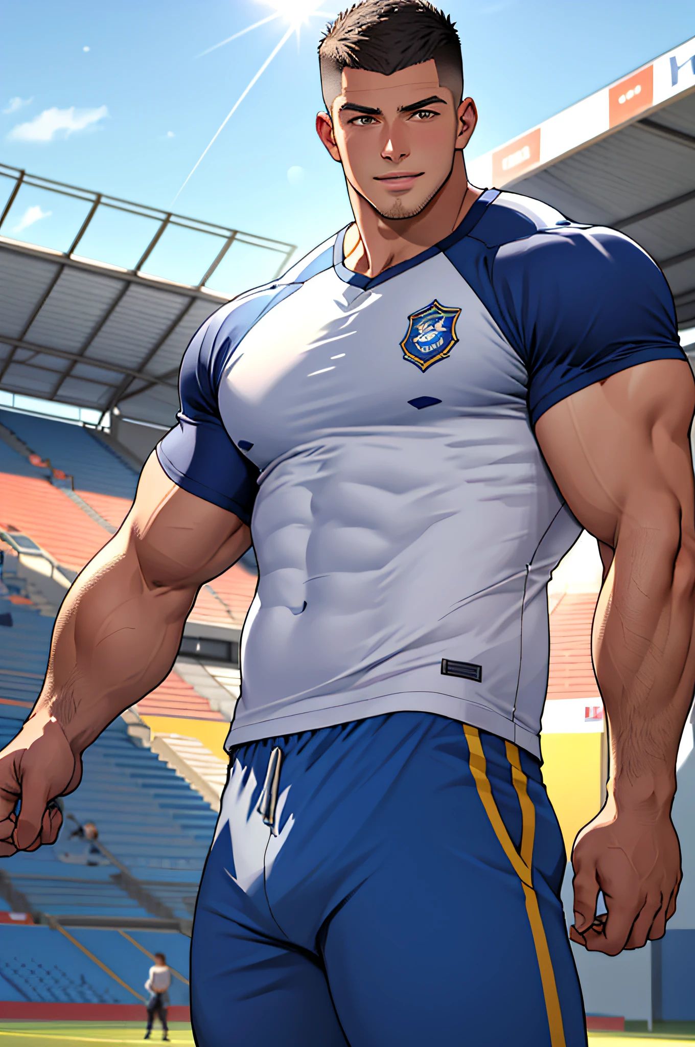 Draw a full-fledged athlete，Stand on the central field of the gym，He wears high-end sportswear，The man looks confident and determined，rays of sunshine，cheerful big breasts，Handsome，Crew cut，full bodyesbian，shooting from below，