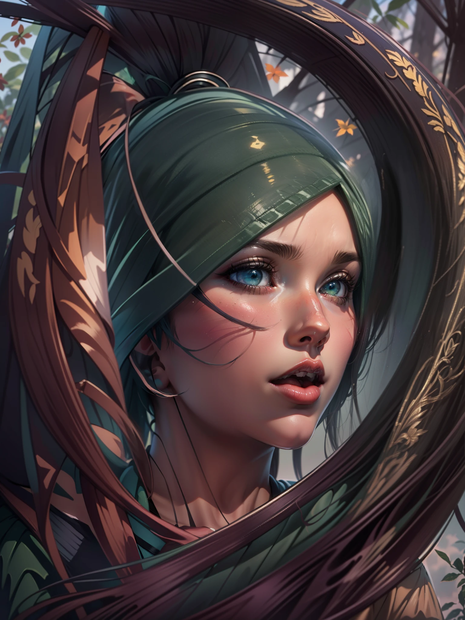 (master part: 1.2), (best quality: 1.2), (altamente detalhado: 1.3), (detalhes intrincados), Altas, best illustration, perfect lighting, Floresta, Cores quentes, sunlight, raios solares na floresta, monstros guerreiros, Brisa do vento, corpo inteiro, tiro de corpo inteiro, Detalhes perfeitos do rosto, Olhos detalhados, Antecedentes detalhados, Realistic photo, (foco nítido: 1.2), ((Looking at camera: 1.2)), sozinho, 1 girl, Mulher Ninja, oni ninja mask, mouth mask, Anatomia humana perfeita, pernas perfeitas, perfect arms, rosto perfeito, ((realistic hands: 1.3)) cabelos longos platinados;, crown braid in hair, roupas femininas, roupa ninja sexy, pequena armadura, saia de couro, sentir garter, luvas pretas com detalhes dourados, decote chamativo, looking seductive, linhas corporais sensuais, human hands, corpo feminino atraente, (uniforme ninja elegante e sexy: 1.2), Bota Feminina, Duro , mulher com boca fechada, Green Iris, Olhando para o Viewer, perfect lighting, Epic Realism