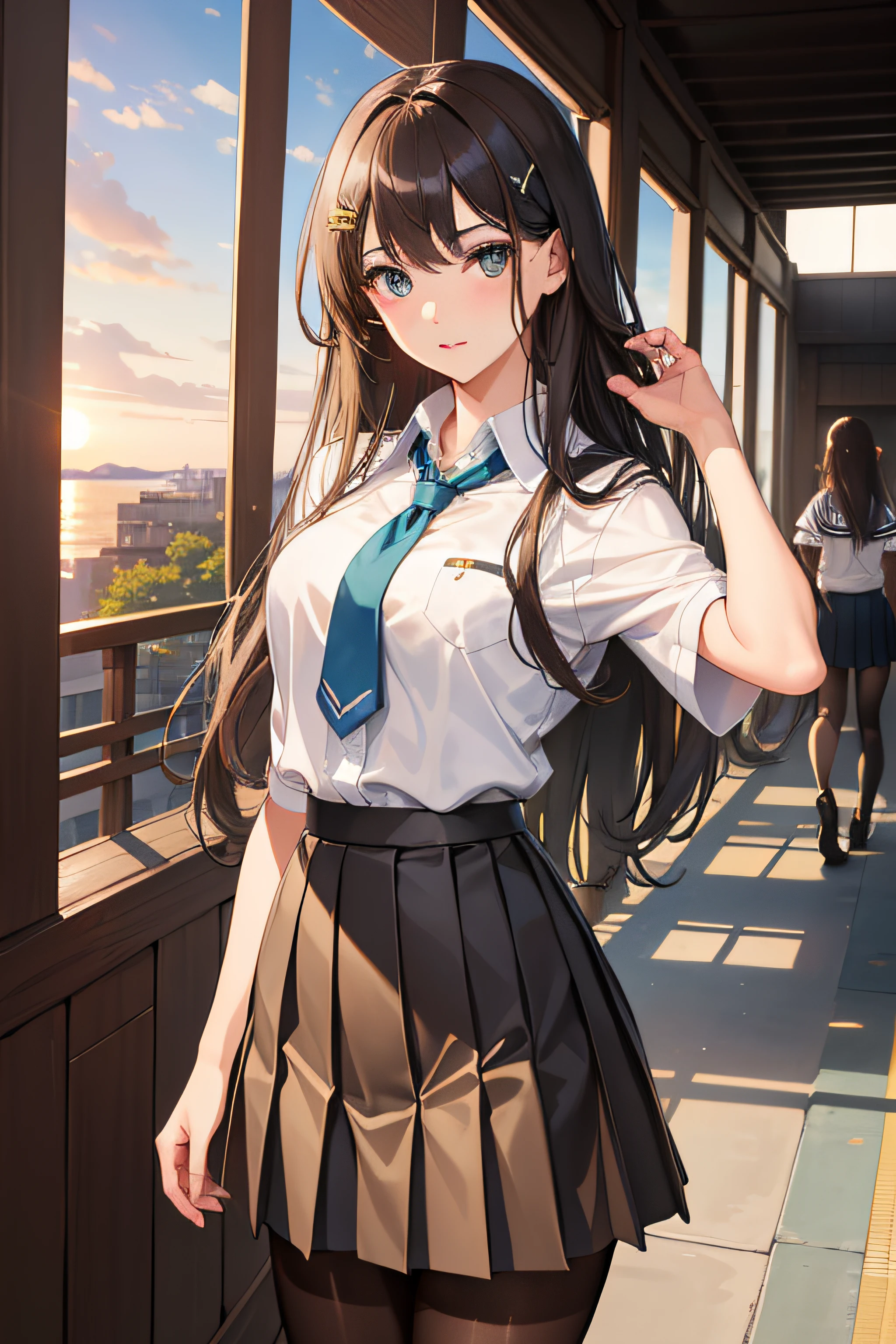 no background,full body,8k, best quality, real picture, intricate details, ultra-detailed, ultra highres, depth field,(photorealistic,realistic:1.2),masterpiece, 0.25 :: close-up , straight-on shot , from miiddle , 1girl, ai_chan, an extremely beautiful 17-year-old girl, innocent big eyes, (Brown_long_hair), (GREEN_eyes:1.0),disheveled hair,(hairclip), perfect shiny skin, flawless skin, fair skin, cleavage, narrow waist, light blush, solo, looking at viewer, light smile, sweat, wearing ((school_uniform), (white_skirt),(BLUE_Long_Tie), (BLUE_pleated_skirt), (Black_pantyhose) :1.2), (gravure pose :1.1), sunset , high school in Japan ,people only no background,