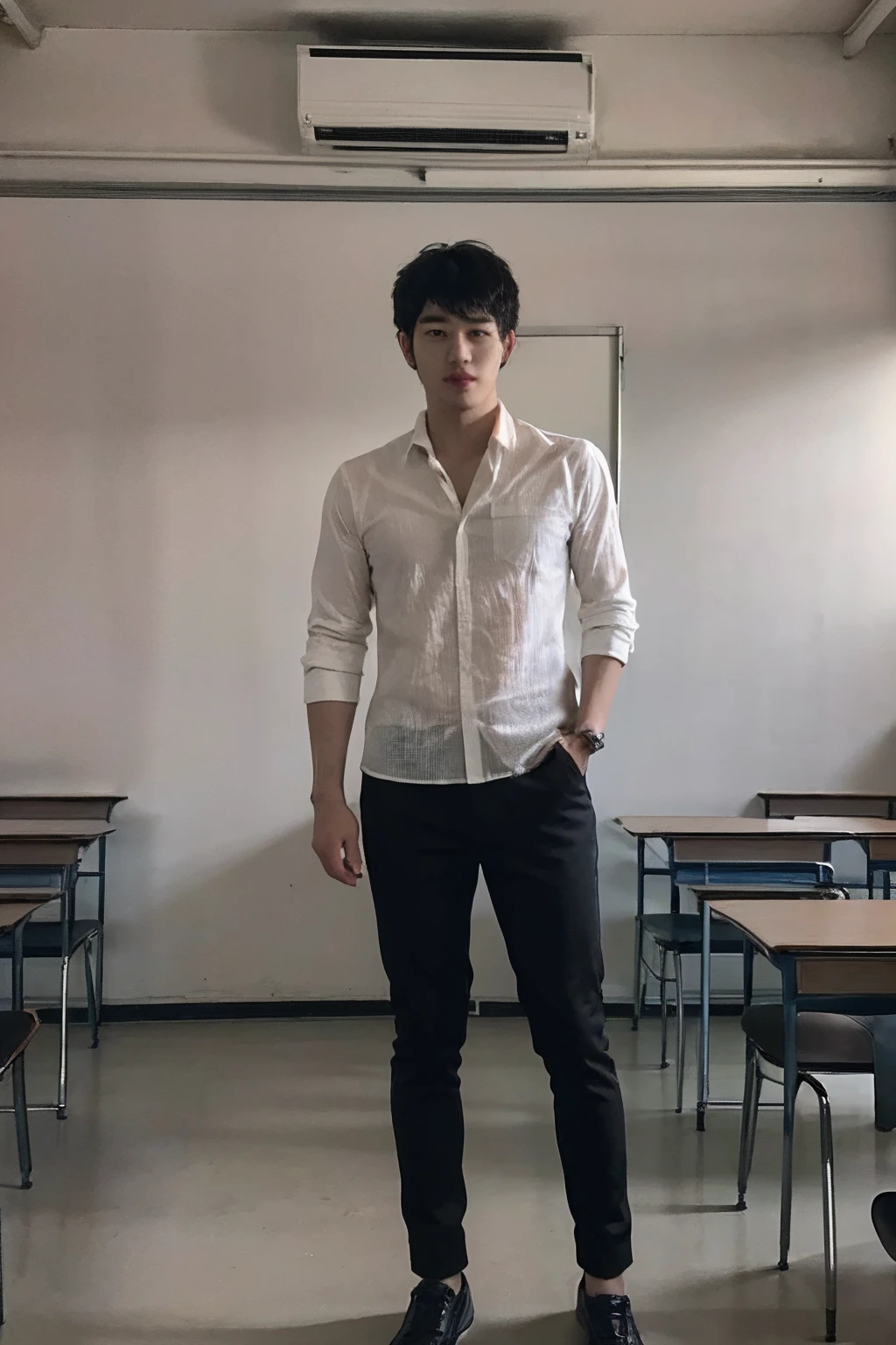 (masterpiece:1.2),(best_quality:1.4),(highres:1.1),(ultra-detailed:1.2),1 man, good_shoulder, korean, (black perm hair), Men's Hairstyle, ((full body)), school boy, white dirty shirt school uniform, black pants, standing, at school, chaos class room