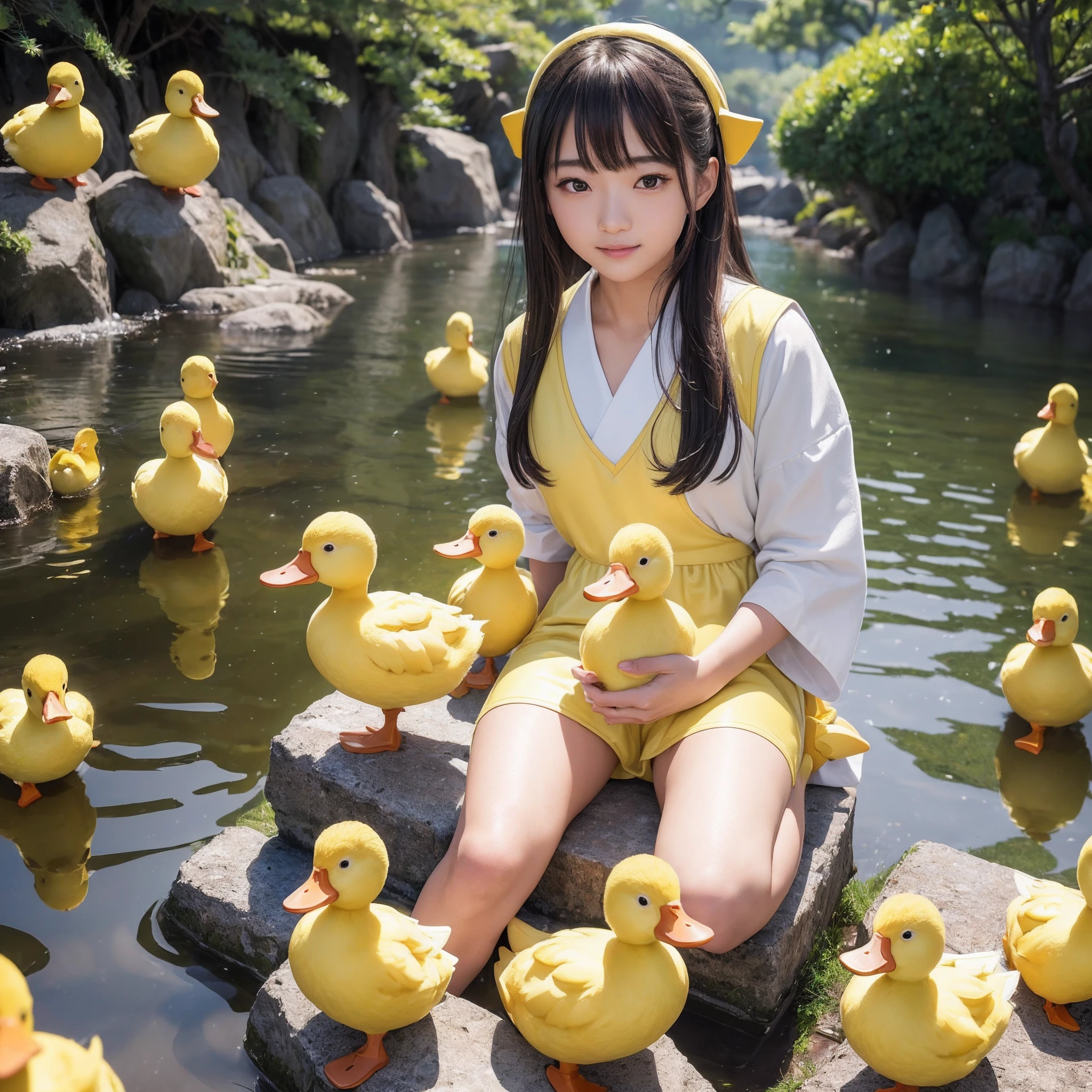Araffe Japanese model, hyperrealistic, drinking water in a glass with lots of ice next to yellow ducklings on a beach,