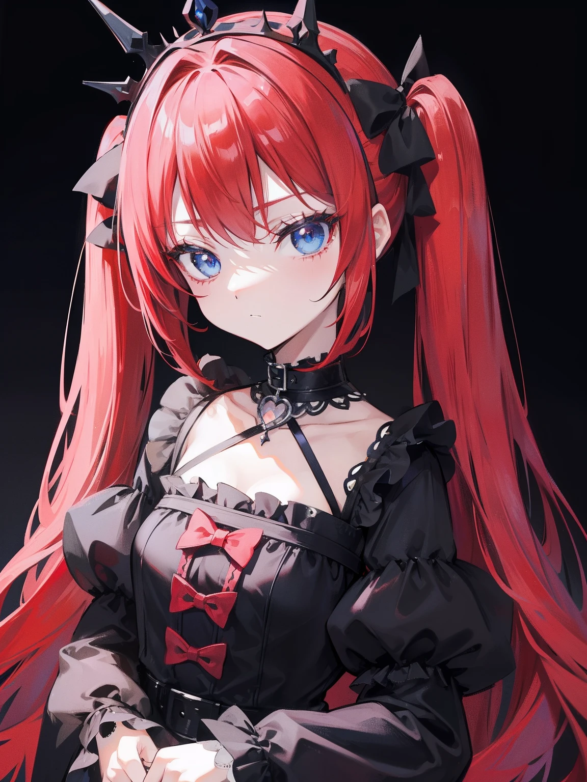 Red hair, Blue eyes, twintails, Goth Lolita, Darkgoth, Collar,Crown tiara,pride,solo,loli,Long hair,{{best quality}}, {{masterpiece}}, {{ultra-detailed}}, {illustration}, {detailed light}, {an extremely delicate and beautiful},,cute,