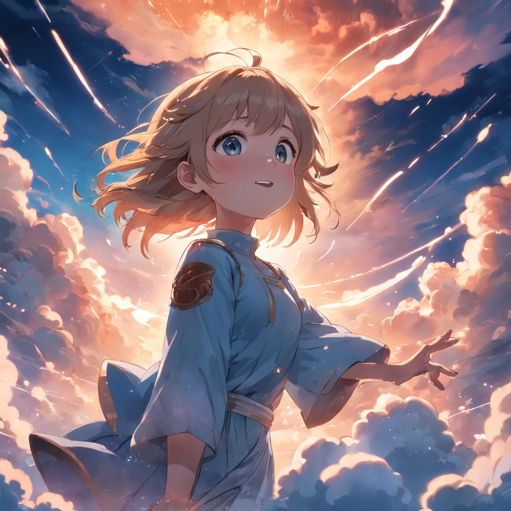 masterpiece, best quality, movie still, 1girl, cloud girl, floating in the sky, close-up, bright, happy, warm soft lighting, sunset, (sparks:0.7)