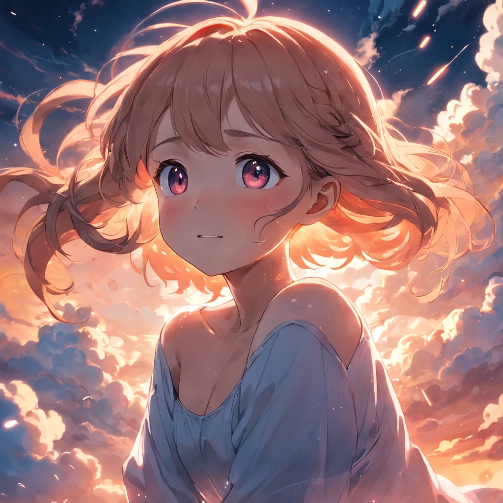 masterpiece, best quality, movie still, 1girl, cloud girl, floating in the sky, close-up, bright, happy, warm soft lighting, sunset, (sparks:0.7)