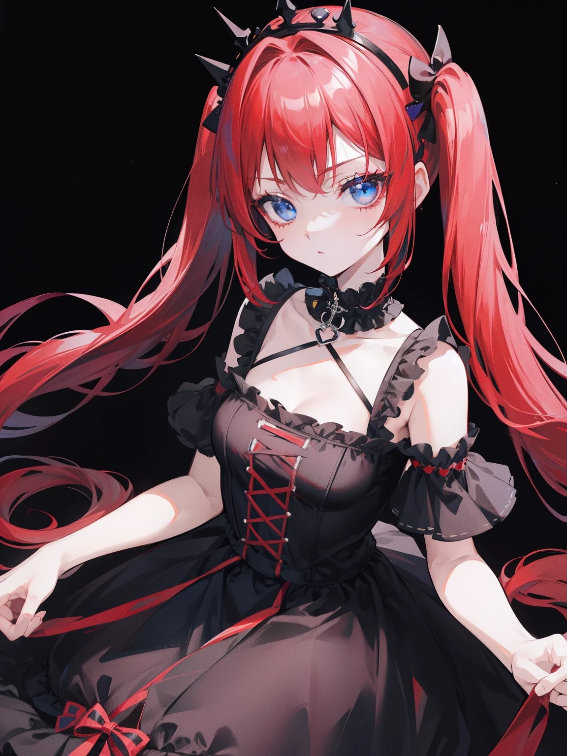 Red hair, Blue eyes, twintails, Goth Lolita, Darkgoth, Collar,Crown tiara,pride,solo,loli,Long hair,{{best quality}}, {{masterpiece}}, {{ultra-detailed}}, {illustration}, {detailed light}, {an extremely delicate and beautiful},little girl,cute,
