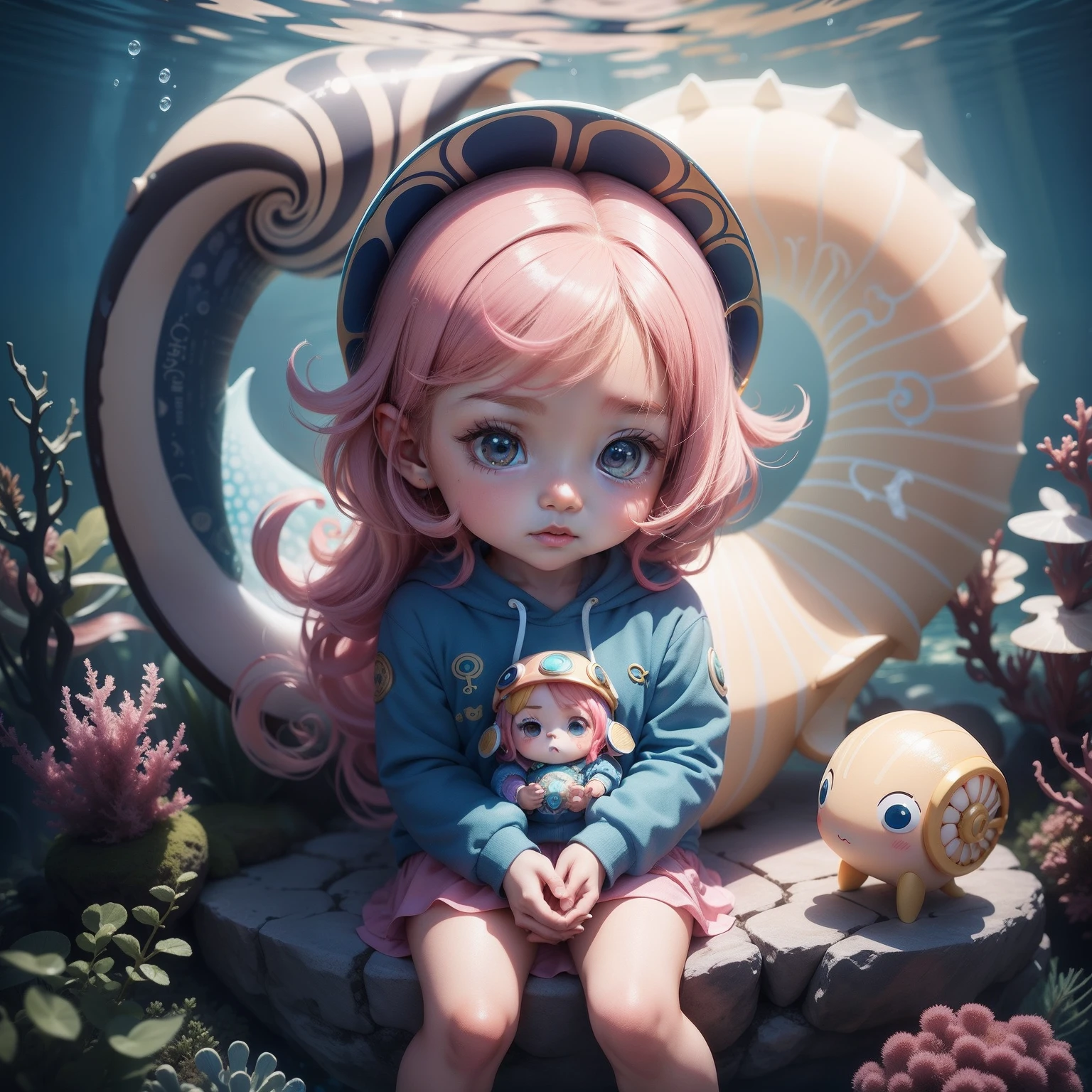 Cute  chibi anime, Modern and stylish clothing,Sit on a colorful nautilus，coloured with lots of colour，Underwater world，Nautilus tiara，Exquisite facial features，The cutest face，tchibi，。.3D，Clear liquid on the face