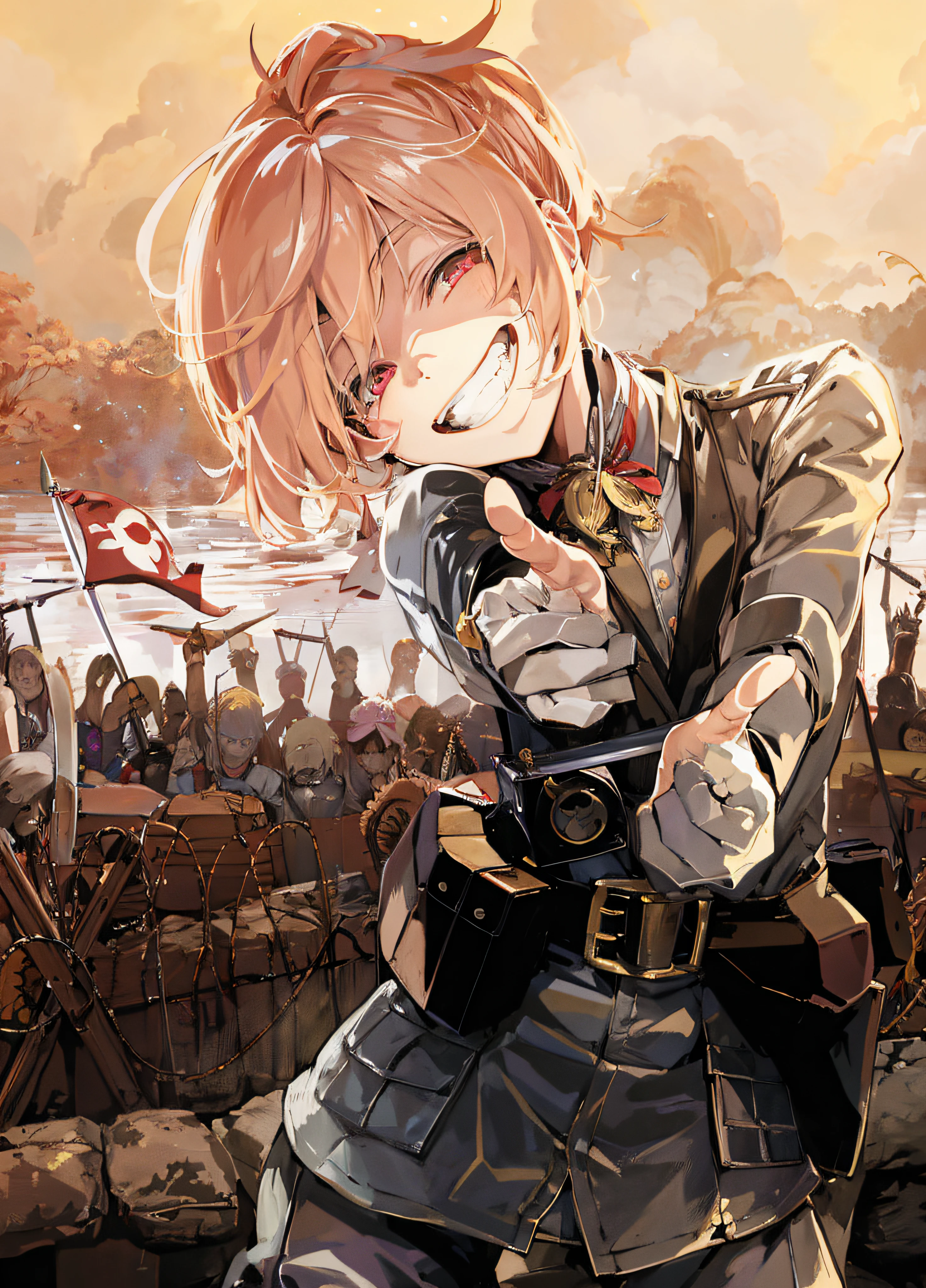 anime image of a man with a sword pointing at the camera, fujita goro!, pixiv contest winner, happy!!!, zerochan, shigenori soejima illustration, wallpaper!, zerochan art, [[[[grinning evily]]]], official art, smiling at the viewer, wide grin, insane smile, smiling coy