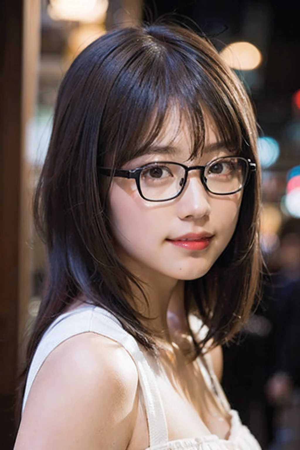 (8K、Raw photography、top-quality、masterpiece:1.2)、(realisitic、Photorealsitic:1.37)、ultra-detailliert、超A high resolution、1人、see the beholder、beautifull detailed face、A smile、Constriction、(Slim waist) :1.3)、White summer clothes、Beautiful detailed skin、Skin Texture、Floating hair、Professional Lighting、Downtown at night、((Square glasses with black rimming)) 、Whole human body、Brown hair