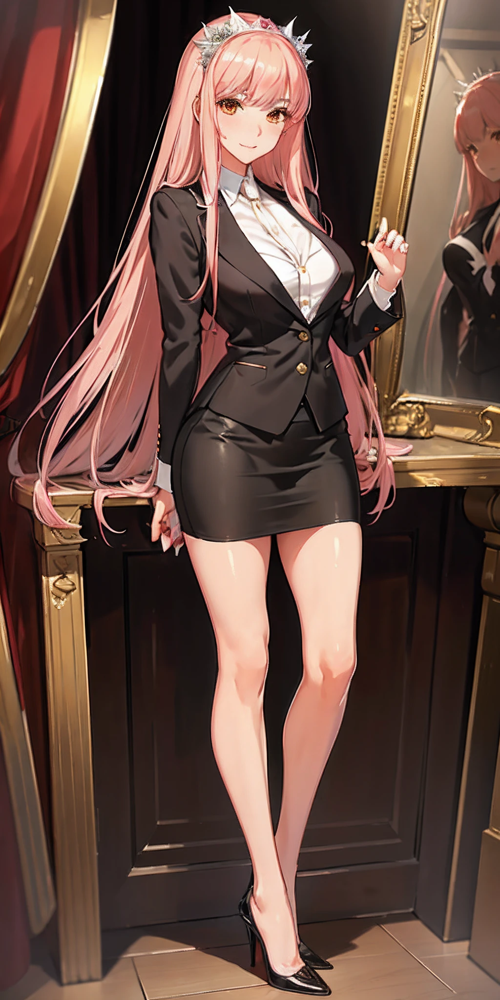 (masterpiece, sidelighting, finely detailed beautiful eyes: 1.2), glowing eyes, shiny hair, lustrous skin, solo, embarrassed, medb \(fate\), business suit, blazer, pencil skirt, high heels, full body,