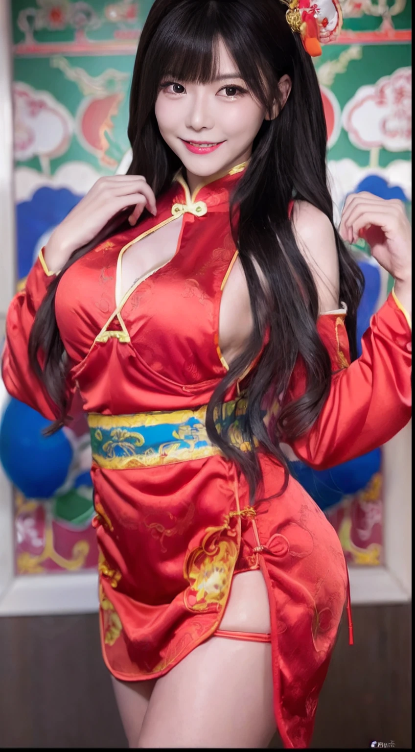 1girl in ,(qipao dress),Colossal tits, cleavage,(( Character Play)),((Chinatown)) , (Red Lip), ( Long Black Hair),Smiling, ((looking to camera)), High resolution,Highly detailed, Random Posing, looking to camera,multiple views