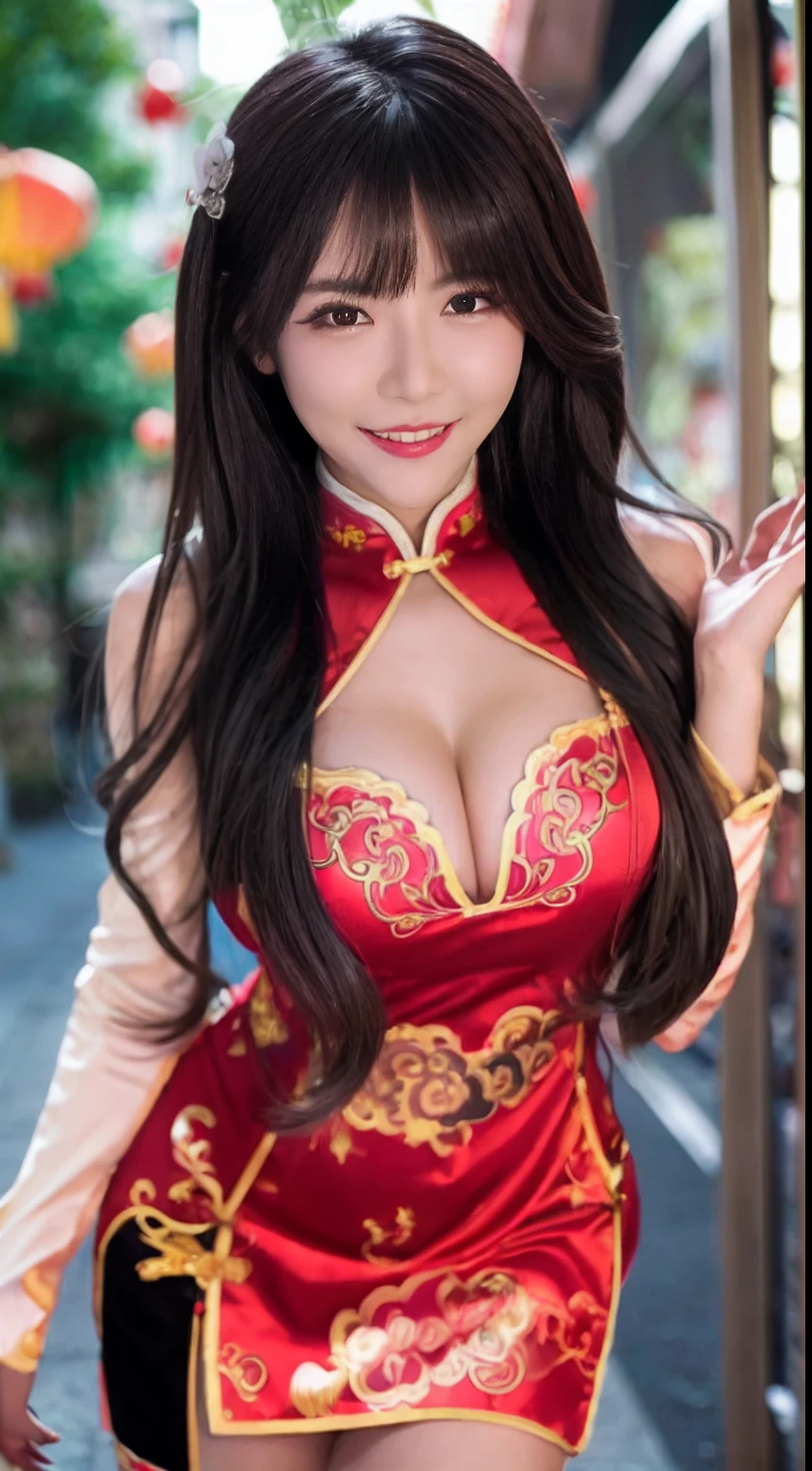 1girl in ,(qipao dress),Colossal tits, cleavage,(( Character Play)),((Chinatown)) , (Red Lip), ( Long Black Hair),Smiling, ((looking to camera)), High resolution,Highly detailed, Random Posing, looking to camera,multiple views