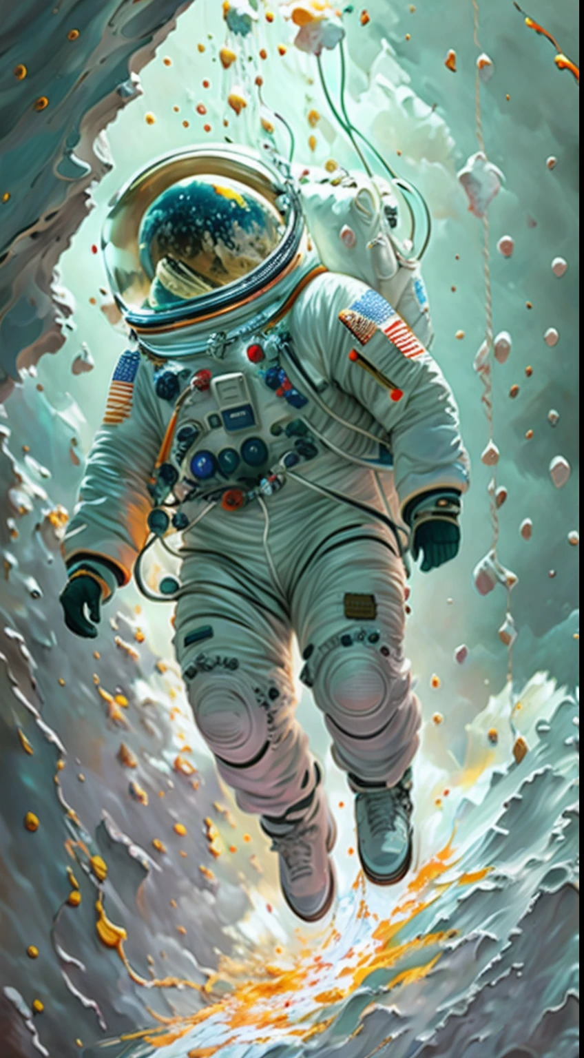 astronaut, climbing the asteroid, character render, ultra high quality model, ethereal background, abstract beauty, explosive volumetric, oil painting, heavy strokes, paint dripping