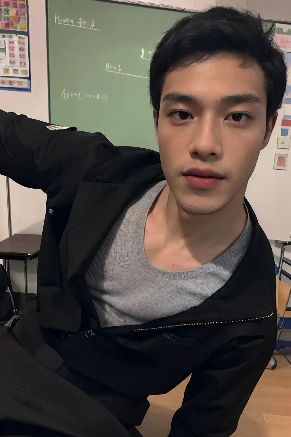 (masterpiece:1.2),(best_quality:1.4),(highres:1.1),(ultra-detailed:1.2),1 man,good_shoulder,fashion_model, model_pose, (black male perm hair),(eye close-up),model,(handsome) Clear eyes,Men's Hairstyle, black eyes, full body, school boy, dirty school uniform, black pants, standing, in dark school, chaos class room