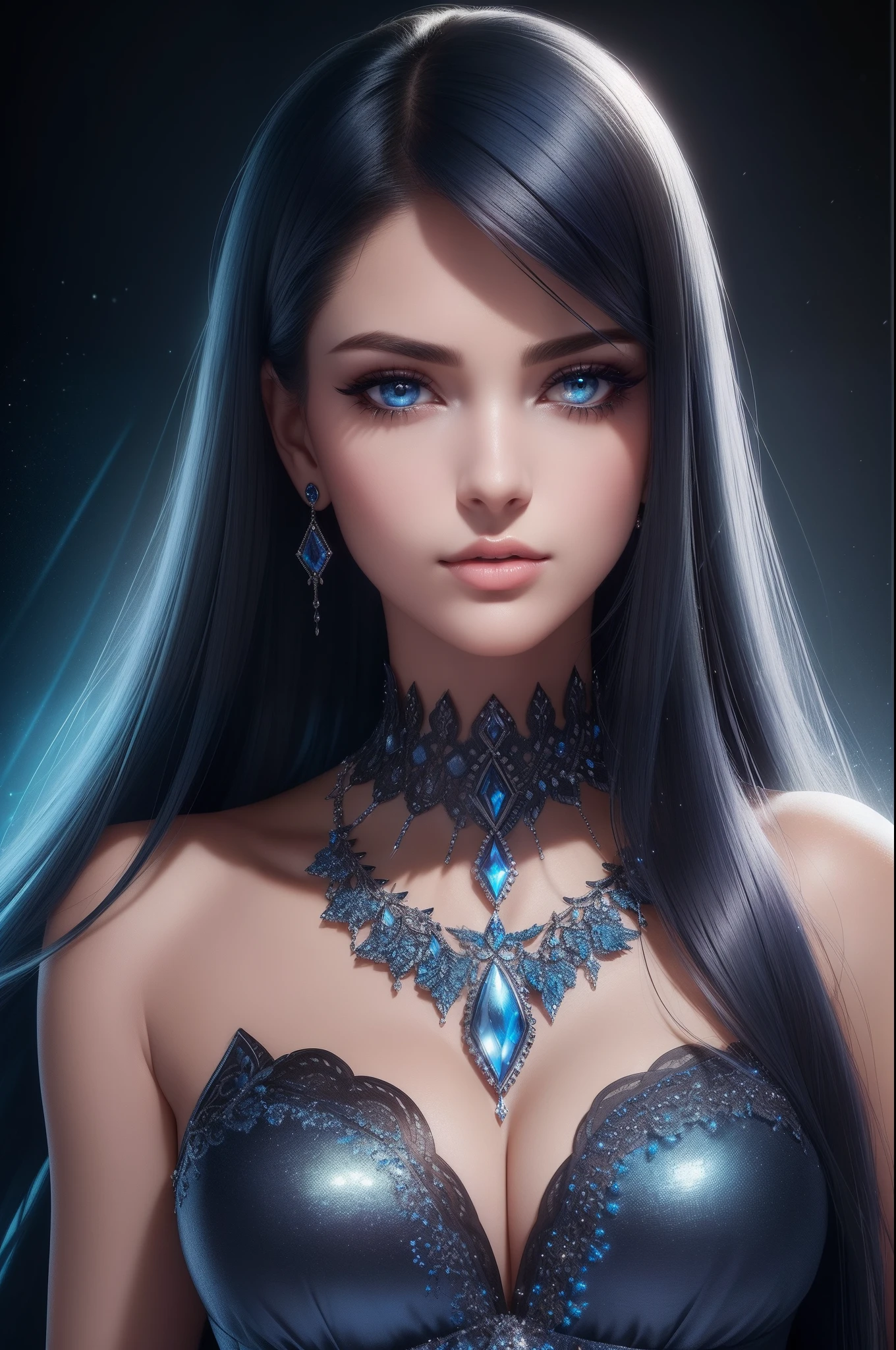ultra detailed beautiful woman, 25 years-old woman, stunningly beautiful, black hair, black dress, black eyes, her whole head is visible with hair, black jewel necklace, earrings, black eyeshadow visible on her eyelids and eyeliner on her eyes, very long eyelashes, stuningly beautiful face, focus on face, holographic, light particles, ultra detailed illustration, hit definition, very bold and vivid colors, 32k resolution, best quality, volumetric lighting, “best quality”, “masterpiece", half of her body is visible, top of her dress is visible, ultra realistic, high-quality detail