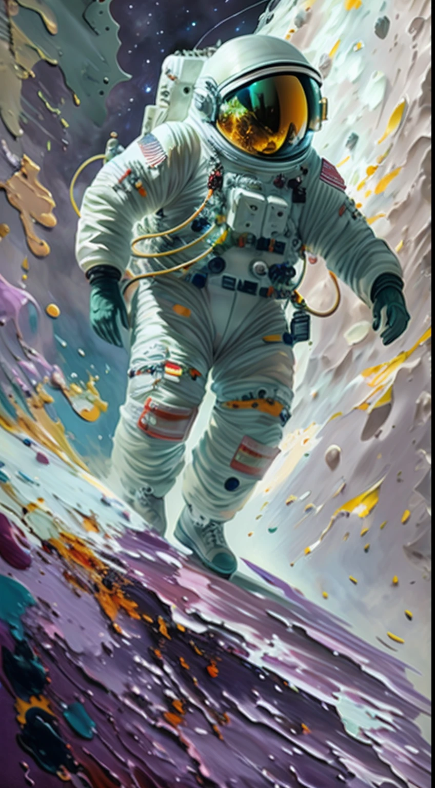 astronaut, climbing the asteroid, character render, ultra high quality model, ethereal background, abstract beauty, explosive volumetric, oil painting, heavy strokes, paint dripping