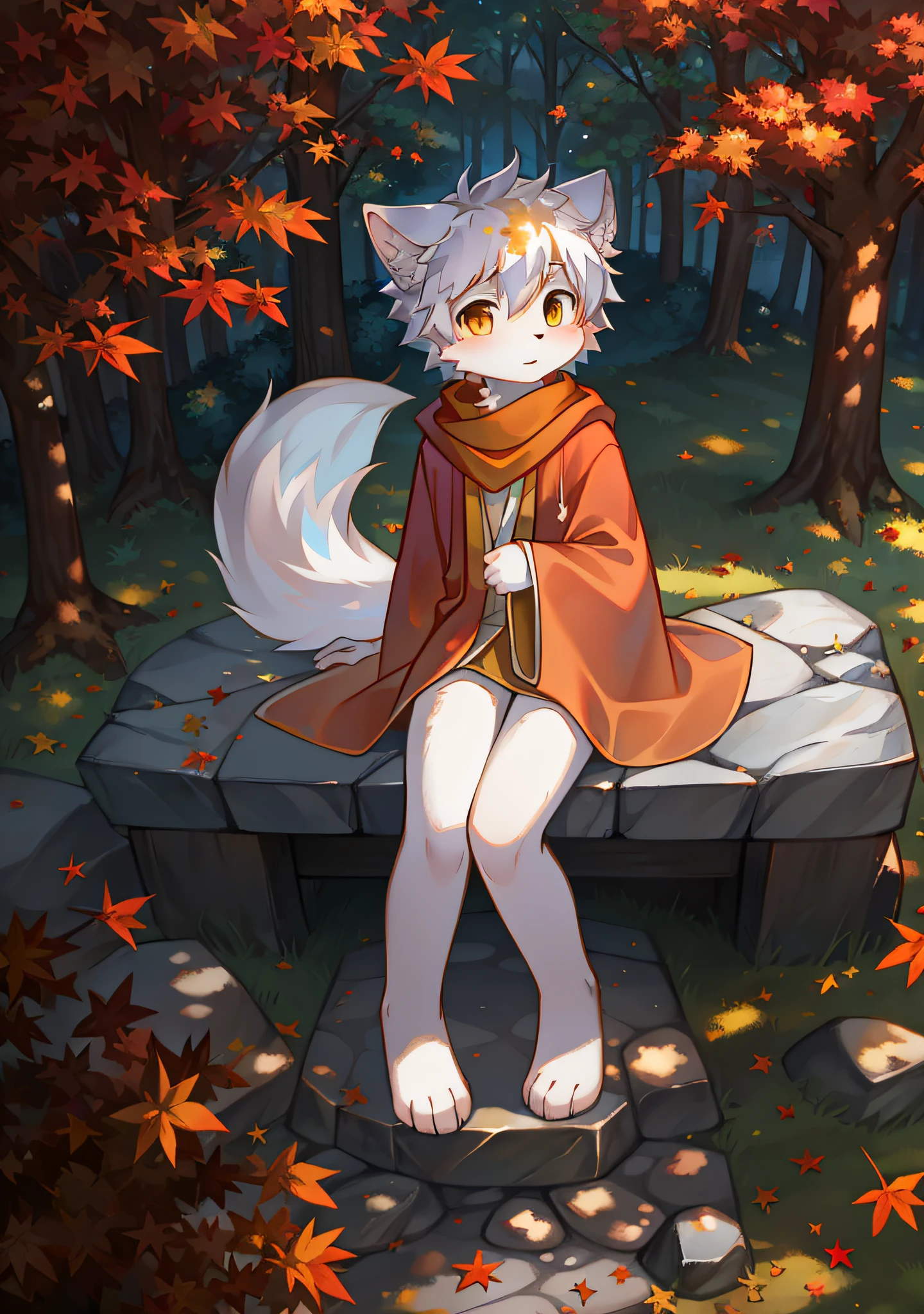 A white wolf，orange robe，orange scarf，Maple Grove，Maple leaves，Maple leaves are all over the ground，clear blue skies，Shota，adolable，suns，solo person，Look into the distance，Holding an orange umbrella，In the woods，maple trees，flowing robe，Flowing scarf，Beautiful picture，Falling maple leaves，Maple leaves cover the ground，Fluffy white tail，Fluffy hair，Sit on the stone steps，Maple leaves float in the air，Yellow leaves float in the air，autumnal，stone steps