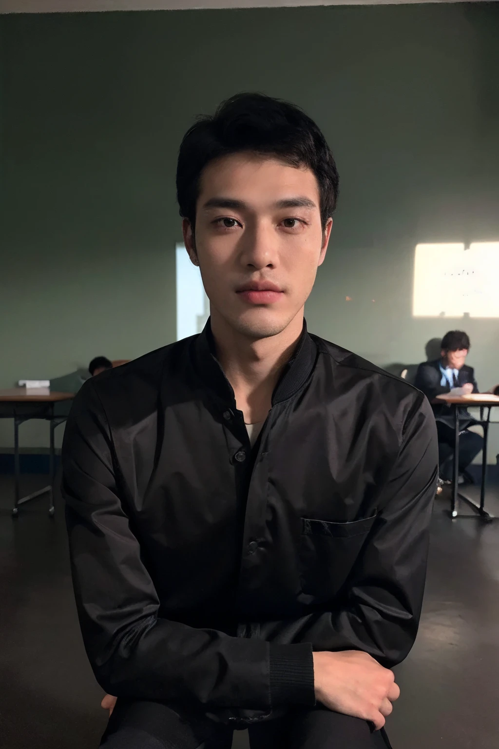 (masterpiece:1.2),(best_quality:1.4),(highres:1.1),(ultra-detailed:1.2),1 man,good_shoulder,fashion_model, model_pose, (black male perm hair),(eye close-up),model,(handsome) Clear eyes,Men's Hairstyle, black eyes, full body, school boy, dirty school uniform, black pants, standing, in dark school, chaos class room