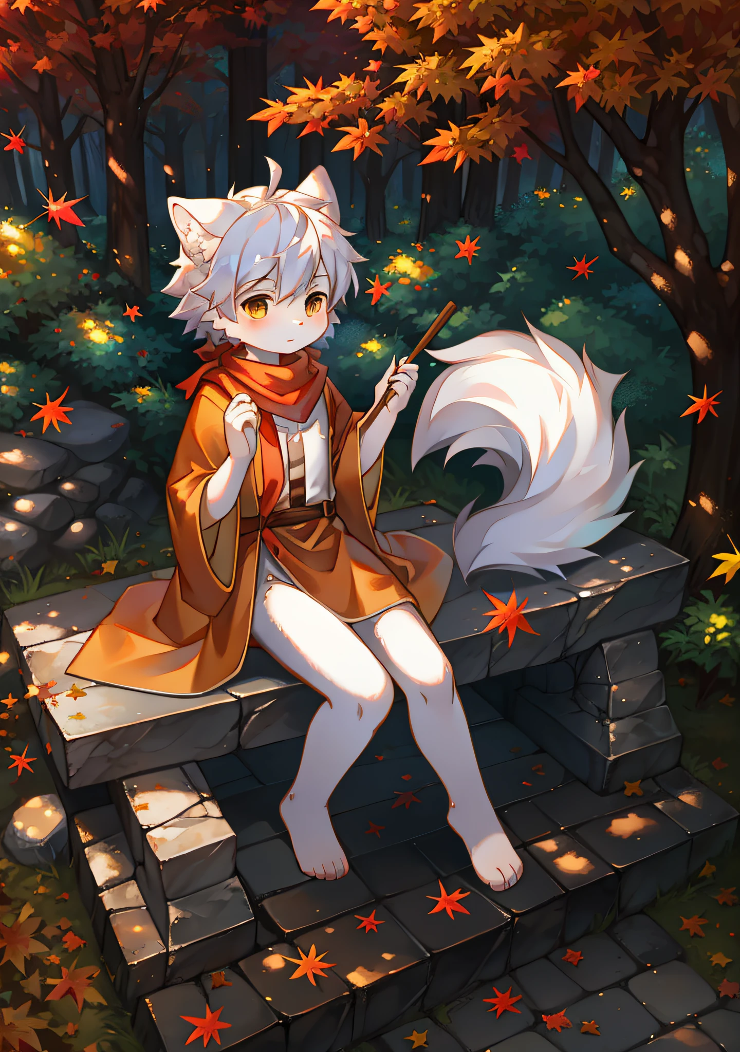 A white wolf，orange robe，orange scarf，Maple Grove，Maple leaves，Maple leaves are all over the ground，clear blue skies，Shota，adolable，suns，solo person，Look into the distance，Holding an orange umbrella，In the woods，maple trees，flowing robe，Flowing scarf，Beautiful picture，Falling maple leaves，Maple leaves cover the ground，Fluffy white tail，Fluffy hair，Sit on the stone steps，Maple leaves float in the air，Yellow leaves float in the air，autumnal，Stone staircase