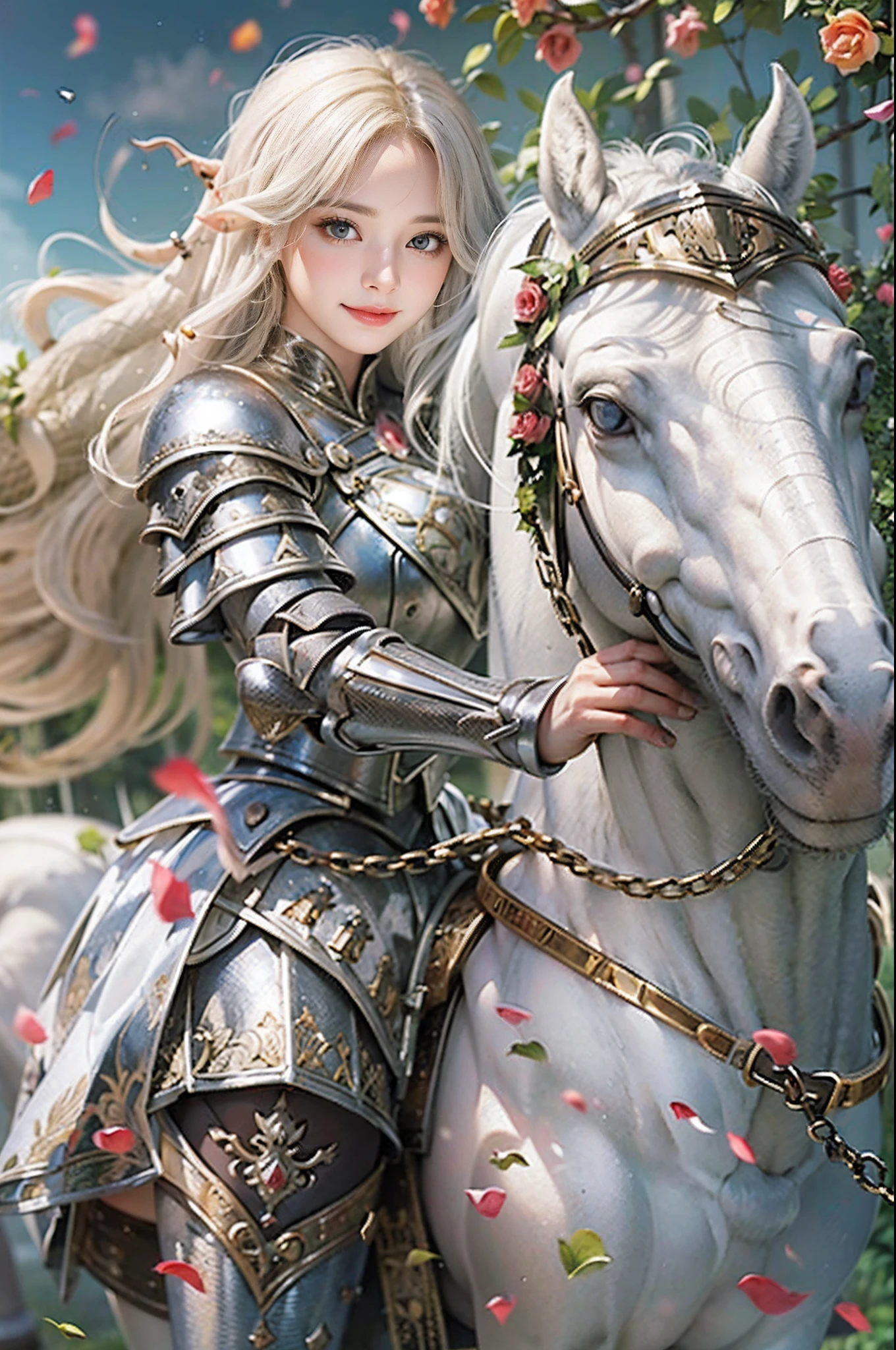 ((top-quality,masterpiece, Ultra-detailed)),1 Young Female Knight, 25-years old ,(ultra hi definition photo), (Professional Photography), grand background, masutepiece, Cinematic Light, Fantasy World,Beautiful, (Shiny blonde hair), Medium Hair, Braids, Wave hair, Shining eyes, Blue eyes,(Powerful smile:1.2), Fashionable silver half plate and dress armor, (rose garden), in isekai,Medieval Europe,(White horse:1.6), chies,covered with thorns, Lens Flare, Perfect Lighting,Perfect horse
