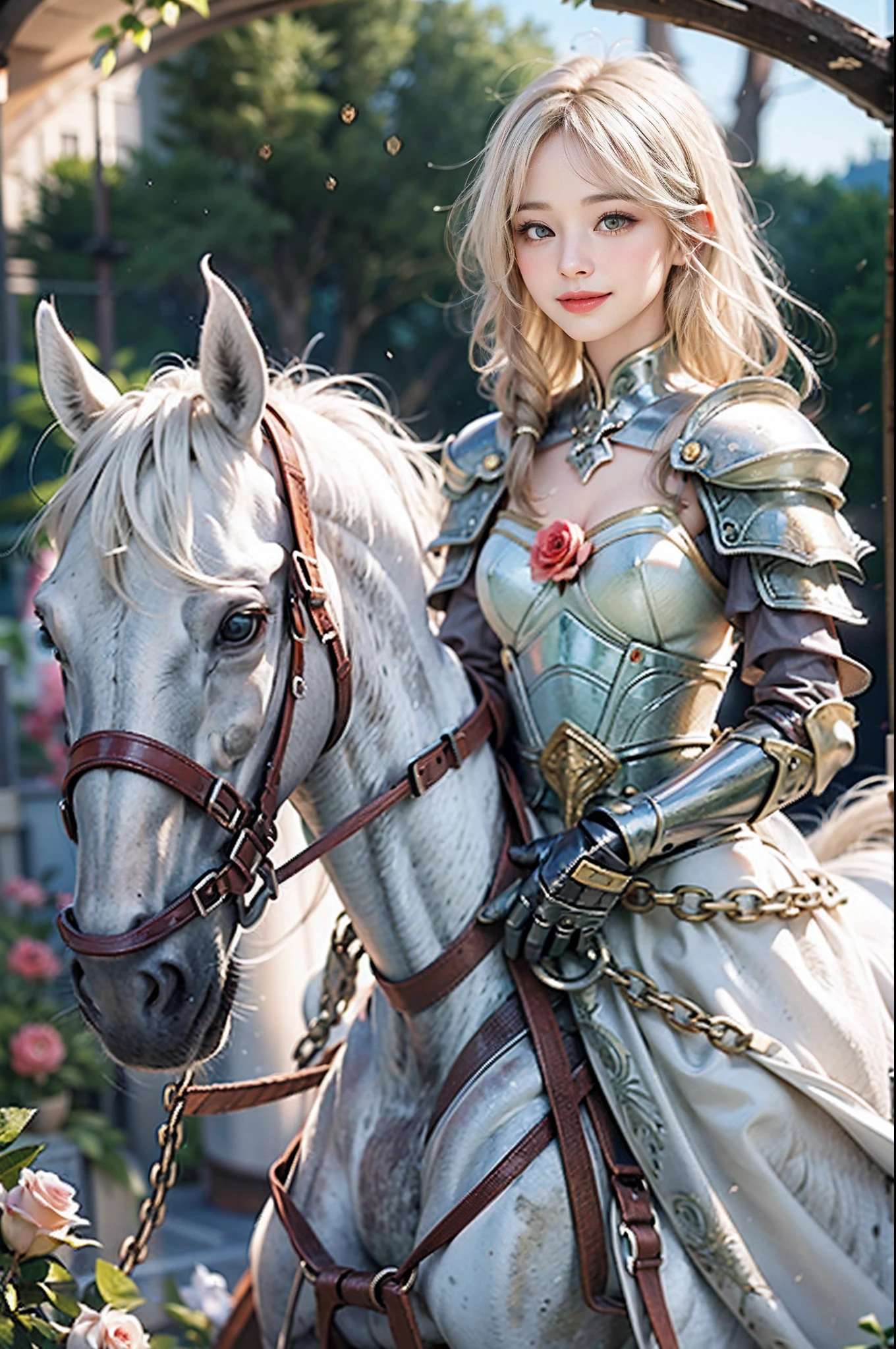 ((top-quality,​masterpiece, Ultra-detailed)),1 Young Female Knight, 25-years old ,(ultra hi definition photo), (Professional Photography), grand background, masutepiece, Cinematic Light, Fantasy World,Beautiful, (Shiny blonde hair), Medium Hair, Braids, Wave hair, Shining eyes, Blue eyes,(Powerful smile:1.2), Fashionable silver half plate and dress armor, (rose garden), in isekai,Medieval Europe,(White horse:1.6), chies,covered with thorns, Lens Flare, Perfect Lighting,Perfect horse