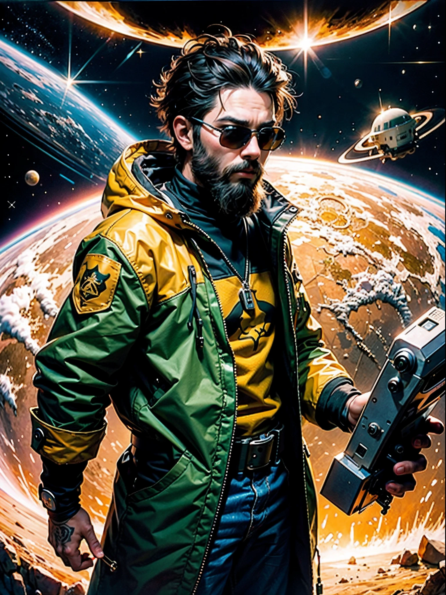 The highest image quality、Exceptional detail、超A high resolution、(真实感:1.4)、The best illustrations、Favor the details、One Man Highly Condensed、Wild and crude look、Beard in sunglasses、darkskinned。Space Treasure Hunter。