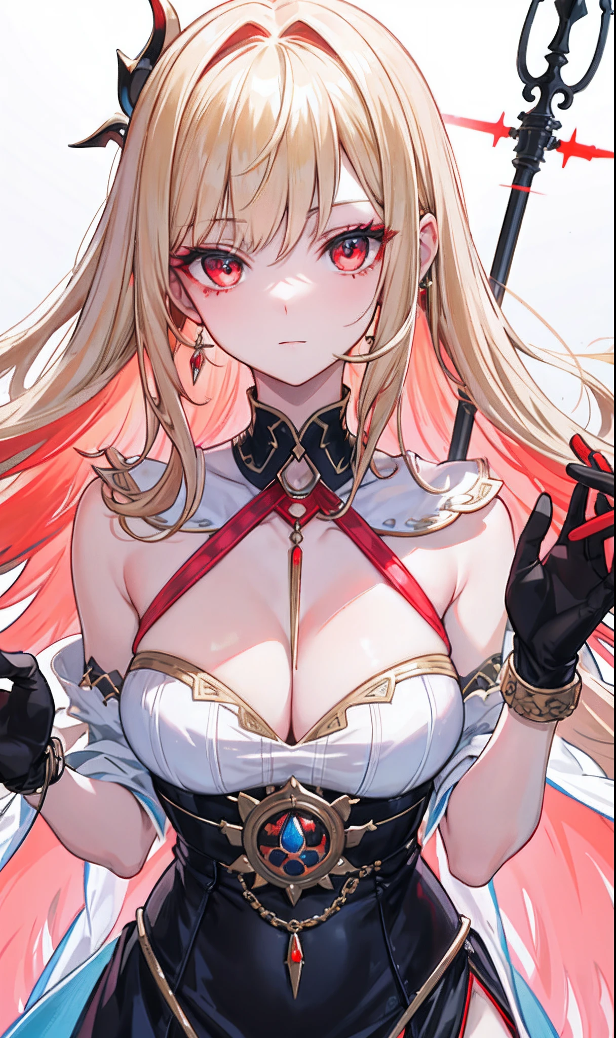 (tmasterpiece,Sideslit,Beautiful eyes:1.2),(tmasterpiece*sportrait),sportrait,busts,(busts),Lifelike,Anatomical correct,3D脸,luscious skin,(Solo),Blonde hair and pickaxe dyeing,Gradient hair,(closeup of face),Lovely face,(Fire opal-like scarlet eyes),Hanging eye corners,((highdetailskin,Visible pores)),(Perfect body),beuaty girl,little breast,((kaftan)),(neck rings),very short gloves,(chain),(Laser material clothing:1.2)