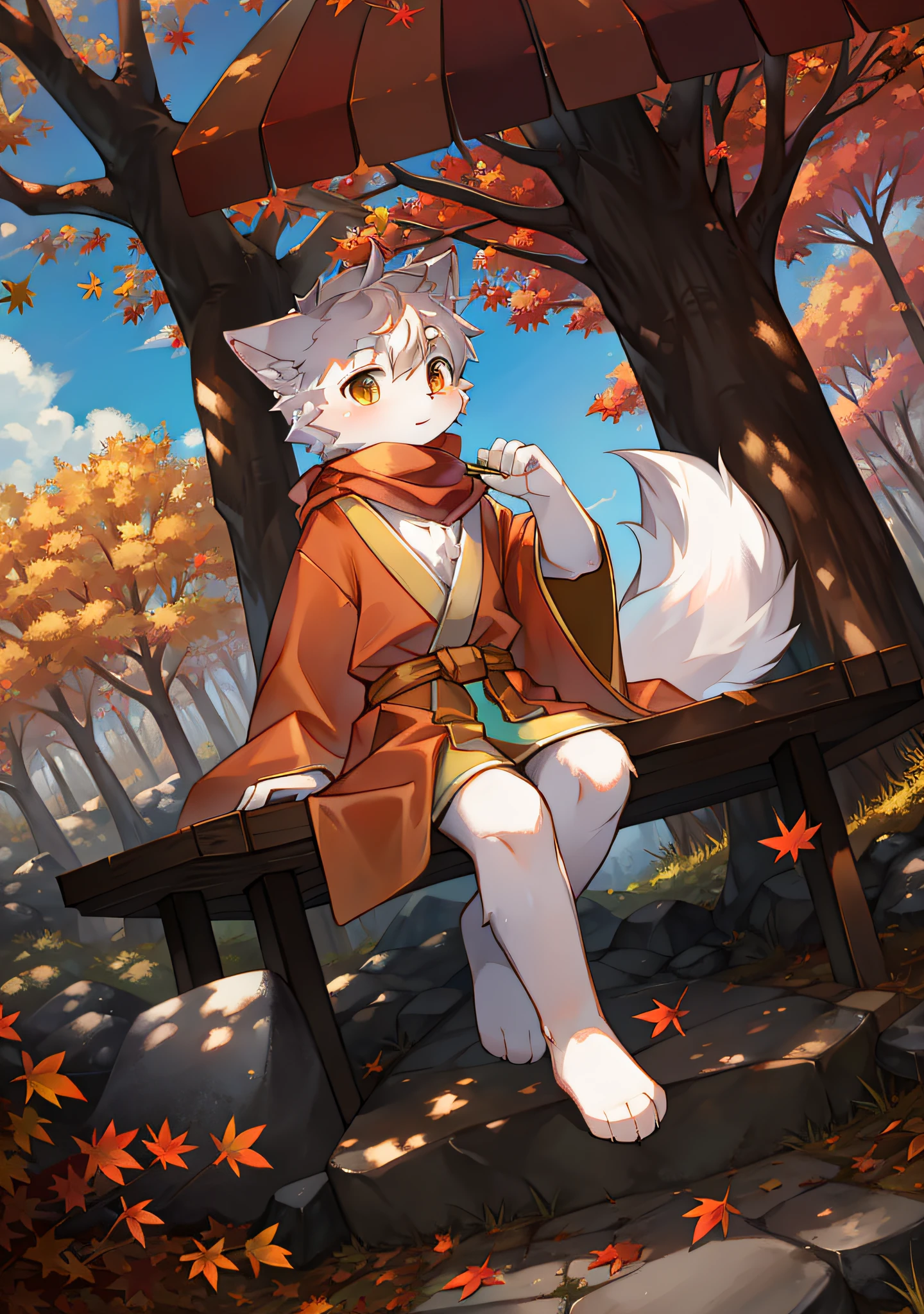 A white wolf,orange robe,orange scarf,Maple Grove,Maple leaves,Maple leaves are all over the ground,clear blue skies,Shota,adolable,suns,solo person,Look into the distance,Orange umbrella,In the woods,maple trees,flowing robe,Flowing scarf,Beautiful picture,Falling maple leaves,Maple leaves cover the ground,Fluffy white tail,Fluffy hair,Sit on the stone steps,Maple leaves float in the air,Yellow leaves float in the air,autumnal