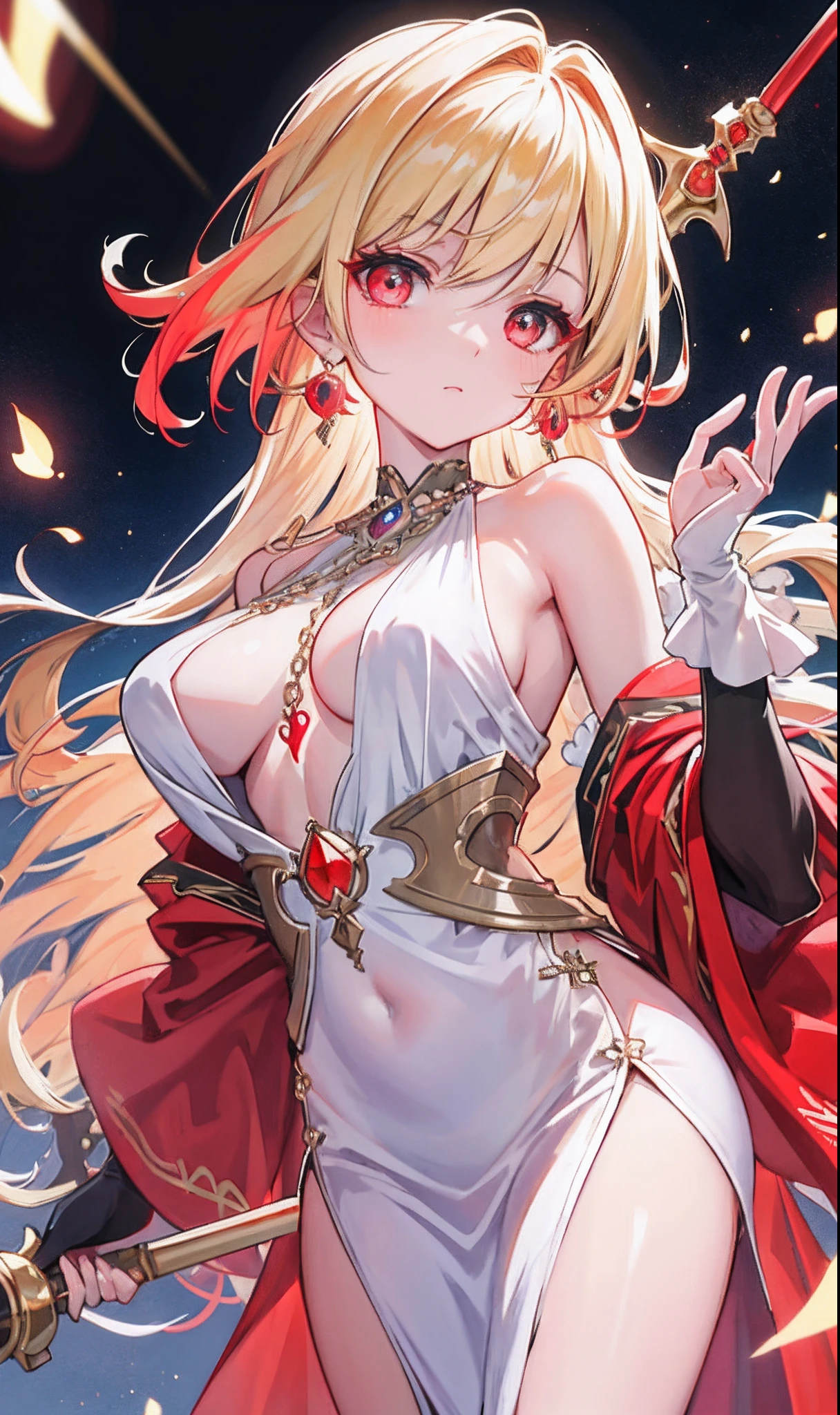(tmasterpiece,Sideslit,Beautiful eyes:1.2),(tmasterpiece*sportrait),sportrait,busts,(busts),Lifelike,Anatomical correct,3D脸,luscious skin,(Solo),Blonde hair and pickaxe dyeing,Gradient hair,(closeup of face),Lovely face,(Fire opal-like scarlet eyes),Hanging eye corners,((highdetailskin,Visible pores)),(Perfect body),beuaty girl,little breast,((kaftan)),(neck rings),very short gloves,(chain),(Laser material clothing:1.2)