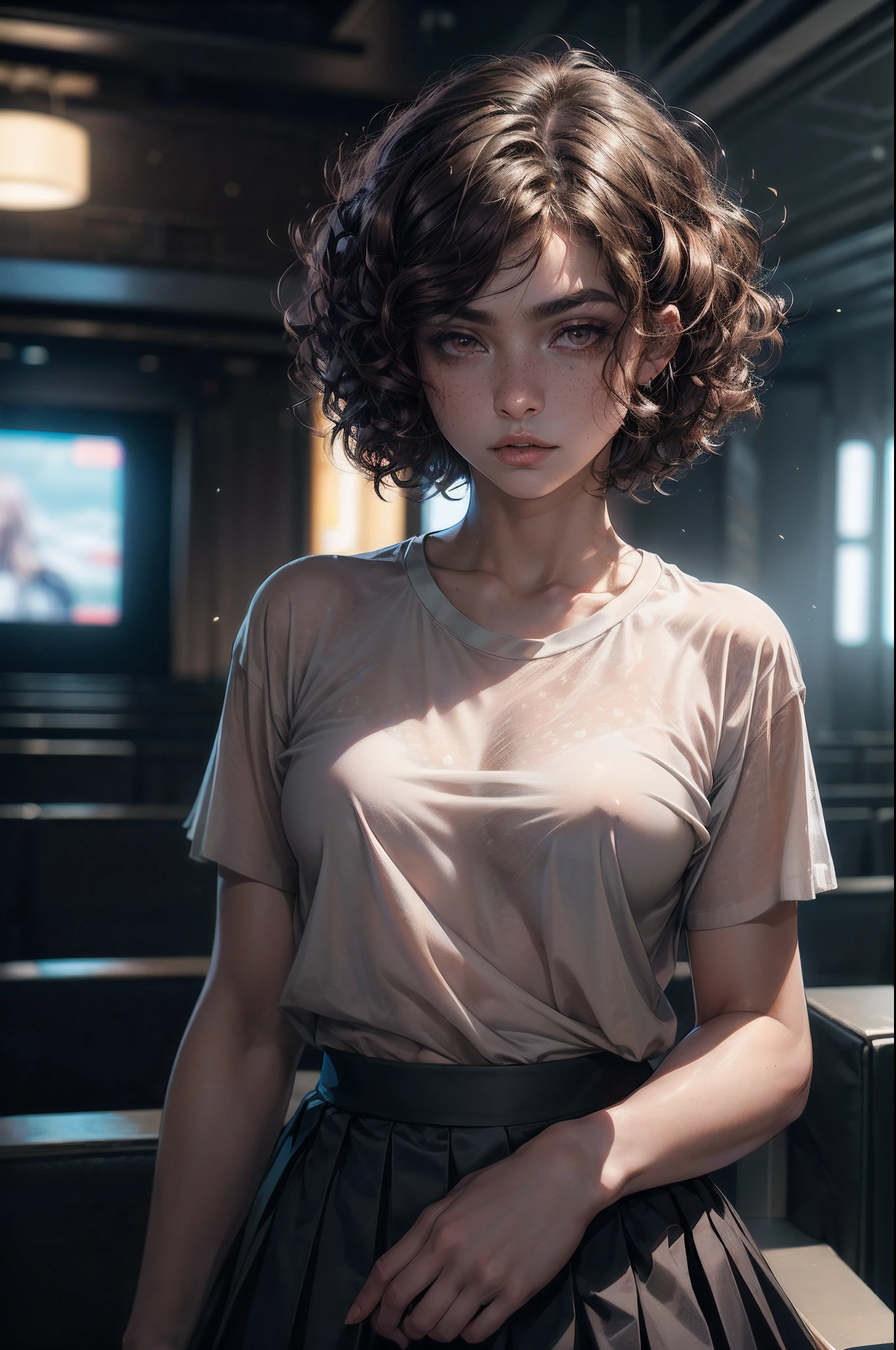 RAW photo, (a portrait photo of a 25y.o. priest:1.2), dim lit, (standing, inside cinema:1.1), (medium breasts:1.3), (annoyed:1.1), (high detailed skin:1.0), detailed eyes, 8k uhd, dslr, soft lighting, best quality, film grain, Fujifilm XT3, (athletic:1.2), (wearing shirt and skirt:1.2), (pastel goth style:1.1), medium hair, Bob cut hair, (curly hair:1.1), (brown hair:1.2), (oily hair:0.8), (eyeshadow:1.0), freckles, (greek woman:1.2)