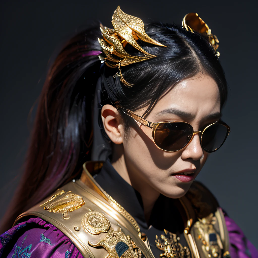 When it snows late at night,32K(tmasterpiece,k hd,hyper HD,32K)Purple-pink double ponytail,flower stick,Indigo Skull King ,Mahogany steering wheel (The skeleton is realistic:1.4),Crocodile pattern robe,Rusty skull ornaments,Sargin linen cloak,Petals flutter,Deep gold sunglasses,Hold your head high,Be proud,The nostrils look at people,A primary and secondary school student, A high resolution,Xueba, the detail, RAW photogr, Sharp Re, Nikon D850 Film Stock Photo by Jefferies Lee 4 Kodak Portra 400 Camera F1.6 shots, Rich colors, ultra-realistic vivid textures, Dramatic lighting, Unreal Engine Art Station Trend, cinestir 800,Hold your head high,Lateral face,Be proud,The nostrils look at people,Tsundere,Petals flutter,Petals flutter,Crocodiles sprinkled with gold dust,Fluttering,Impeccable,( reasonable design, Clear lines, High sharpness,Best quality, Very detailed skeleton, The skeleton of a masterpiece, offcial art, movie light effect, 8K crocodile skeleton(((Platinum marble sunglasses)))Deep gold sunglasses,side portrait