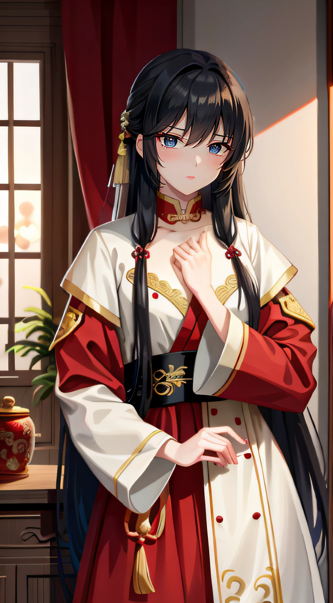 A tragic historical drama in 8k live-action style: Beautiful palace secrets Beautiful Chinese Kung Fu Princess with long black hair has very intense with old Emperor Gorgeous embroidery, Ultra glossy, She is wearing a shiny red top and bottom long sleeve floral pajama kung fu suit.... She gets her penrust into her by the emperor
