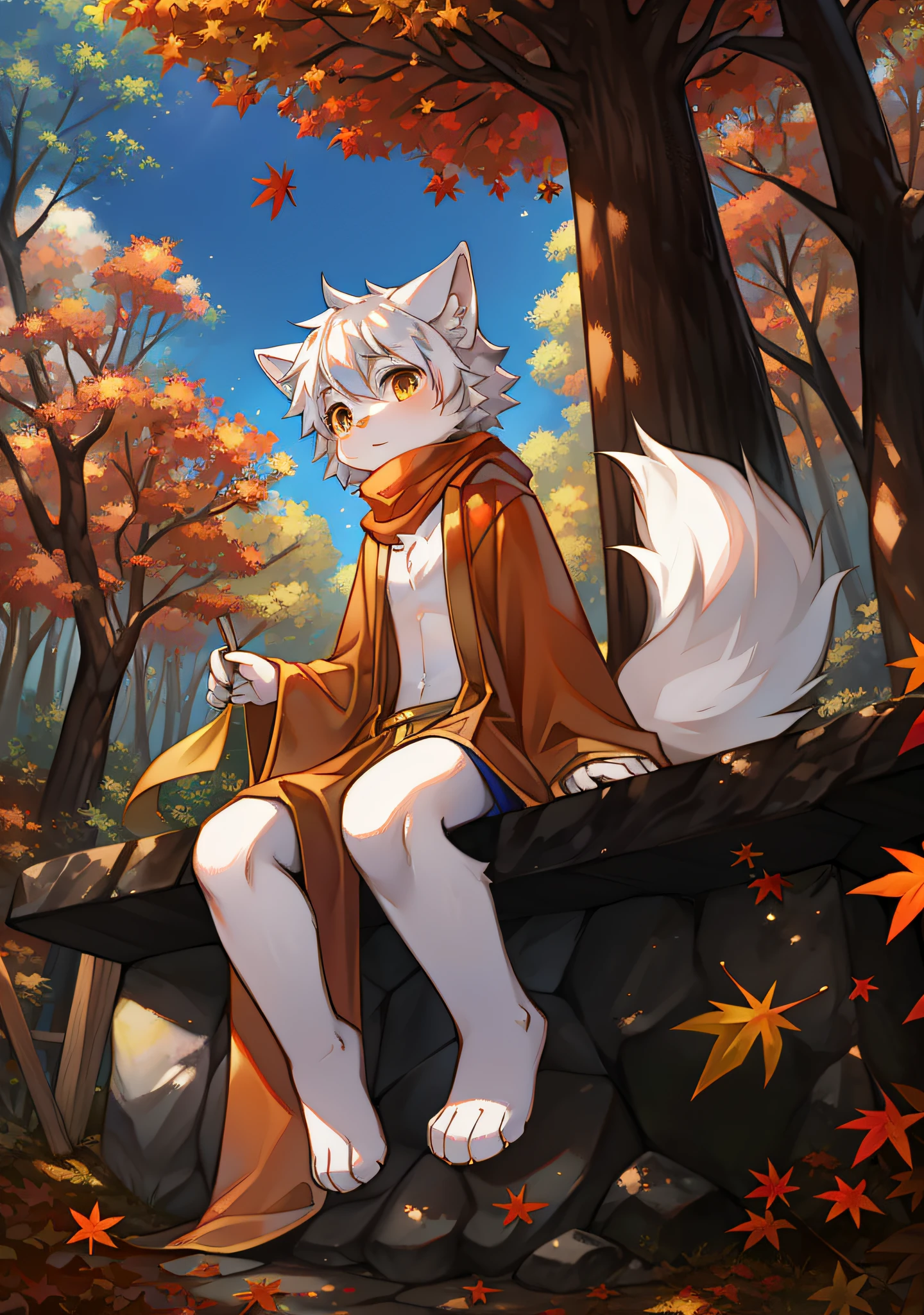A white wolf，orange robe，orange scarf，Maple Grove，Maple leaves，Maple leaves are all over the ground，clear blue skies，Shota，adolable，suns，solo person，Look into the distance，Orange umbrella，In the woods，maple trees，flowing robe，Flowing scarf，Beautiful picture，Falling maple leaves，Maple leaves cover the ground，Fluffy white tail，Fluffy hair，Sit on the stone steps，Maple leaves float in the air，Yellow leaves float in the air，autumnal