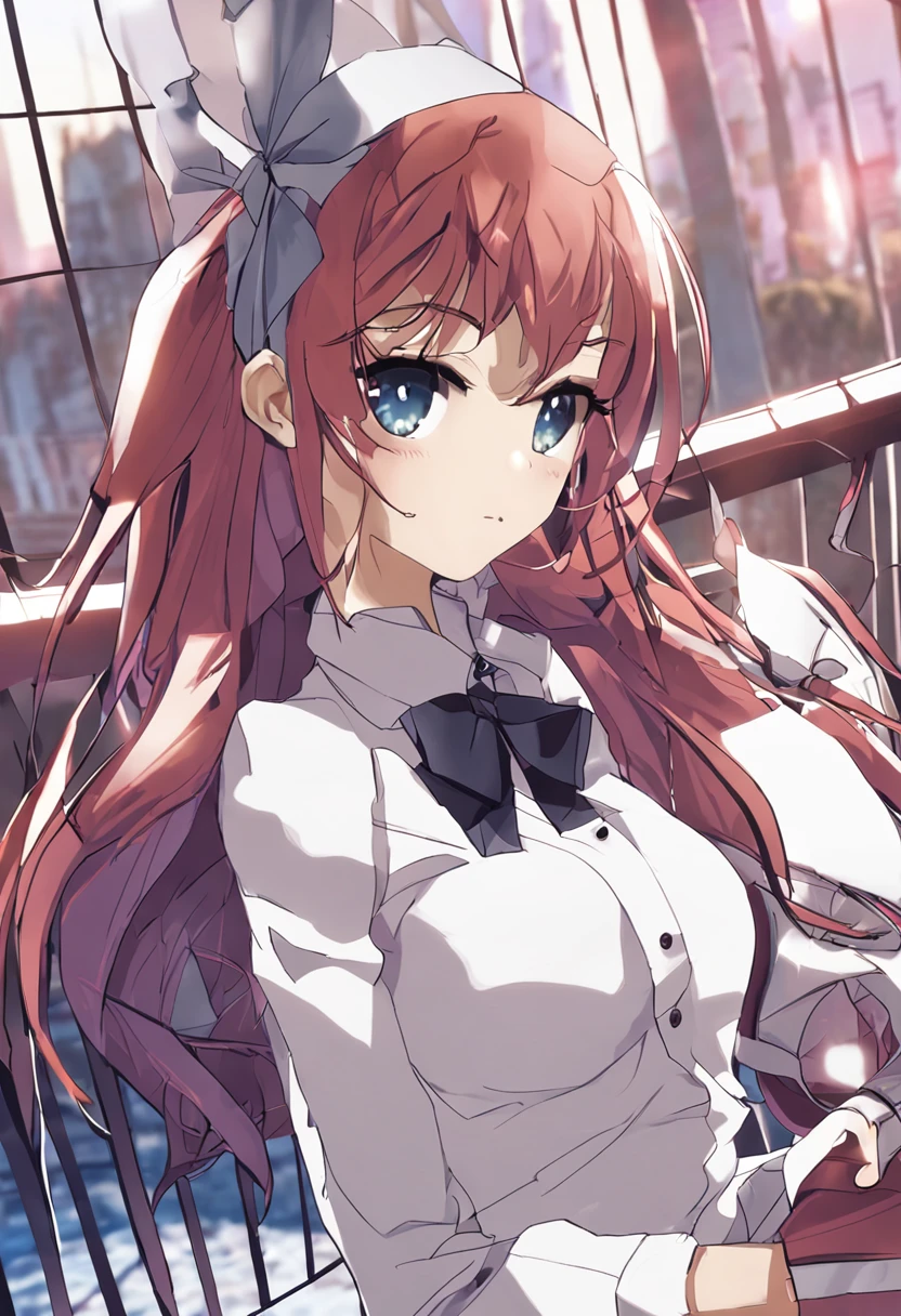 Hitomi Takimoto, Hifumi Takimoto, Long hair, blush, Bangs, Blue eyes, Ponytail, Purple hair, Hair Bow, Bow, BREAK skirt, Shirt, thighs thighs thighs thighs, Long sleeves, Bow, bow ribbon, White shirt, Pleated skirt, black thighhighs, Miniskirt, zettai ryouiki, dress shirts, Red skirt, BREAK looking at viewer, BREAK outdoors, city, BREAK (masutepiece:1.2), Best Quality, High resolution, Unity 8k壁纸, (Illustration:0.8), (Beautiful detailed eyes:1.6), extra detailed face, Perfect Lighting, extremely details CG, (Perfect hands, Perfect Anatomy),