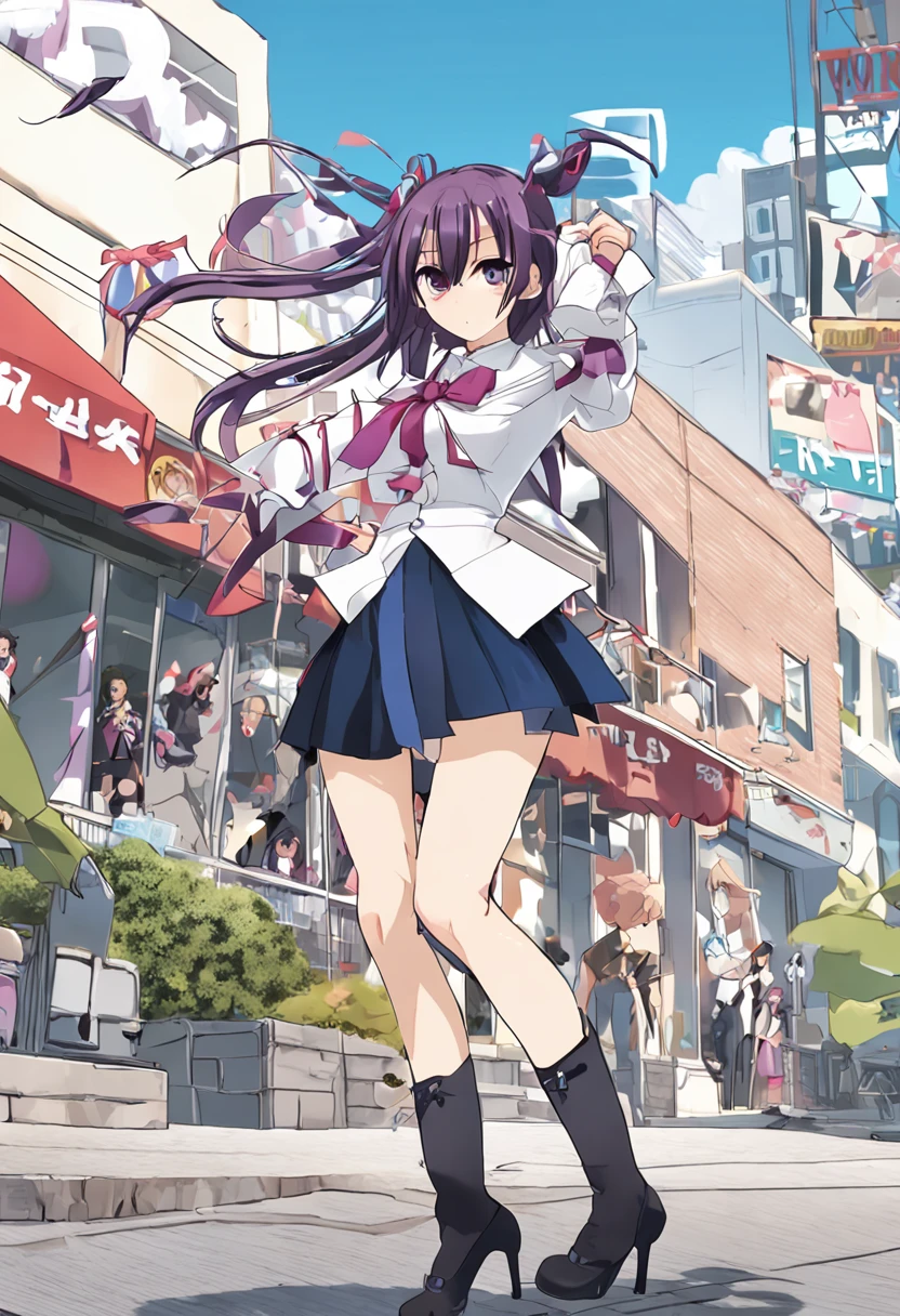 Hitomi Takimoto, Hifumi Takimoto, Long hair, blush, Bangs, Blue eyes, Ponytail, Purple hair, Hair Bow, Bow, BREAK skirt, Shirt, thighs thighs thighs thighs, Long sleeves, Bow, bow ribbon, White shirt, Pleated skirt, black thighhighs, Miniskirt, zettai ryouiki, dress shirts, Red skirt, BREAK looking at viewer, BREAK outdoors, city, BREAK (masutepiece:1.2), Best Quality, High resolution, Unity 8k壁纸, (Illustration:0.8), (Beautiful detailed eyes:1.6), extra detailed face, Perfect Lighting, extremely details CG, (Perfect hands, Perfect Anatomy),