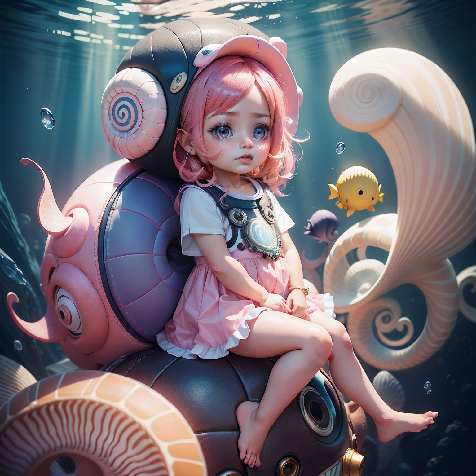 Cute chibi anime, Modern and stylish clothing,Sit on a colorful nautilus,coloured with lots of colour,Underwater world,Nautilus tiara,Exquisite facial features,The cutest face,tchibi,。.3D