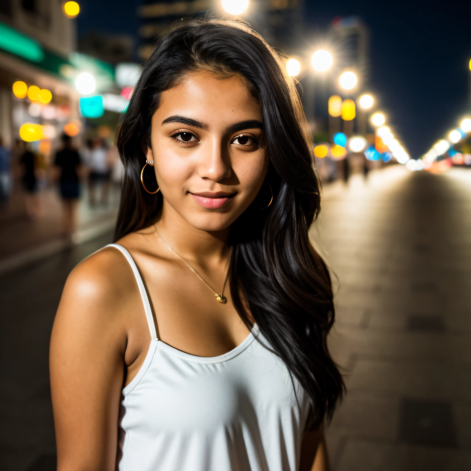 RAW photo, a portrait photo of 20 y.o brazilian woman in casual clothes, nigth, city street, (high detailed skin:1.2), 8k uhd, dslr, soft lighting, high quality, film grain, Fujifilm XT3, dubai background