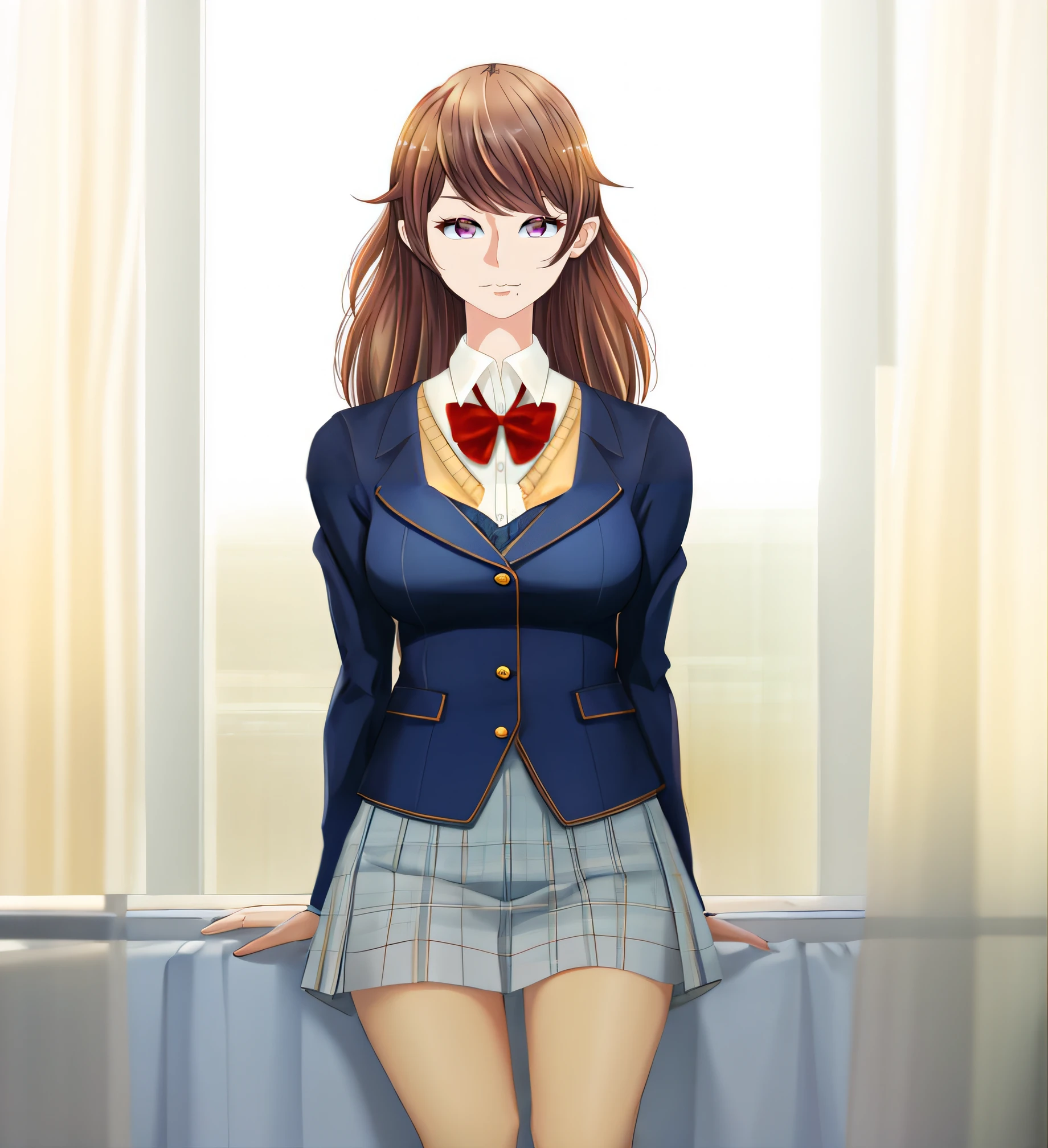 (((masterpiece))), (((best quality))), ((ultra-detailed)), (highly detailed CG illustration), ((an extremely delicate and beautiful)),1girl, a close up of a person wearing a suit and bow tie, realistic schoolgirl, kawaii realistic portrait, visual novel sprite, sayori, marin kitagawa fanart, realistic young anime girl, hyperrealistic schoolgirl, render of april, semi realistic anime, female anime character, a hyperrealistic schoolgirl, inspired by Hisui Sugiura, anime moe artstyle
