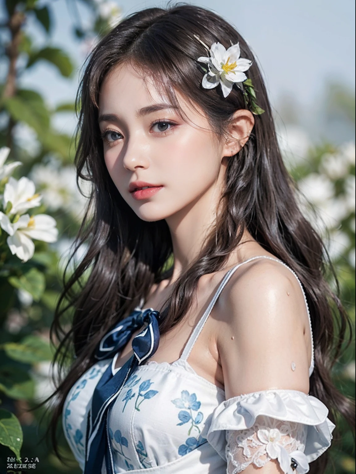 dressed, (photorealistic: 1.4), (hyperrealistic: 1.4), (realistic: 1.3), (smooth lighting: 1.05), (cinematic lighting quality improvement: 0.9), 32K, 1 girl, Japan woman, realistic lighting, backlit, face lights, ray tracking, (bright light: 1.2), (quality improvement: 1.4), ( Realistic textured skin of the highest quality: 1.4), fine detailed eyes, detailed face, fine quality eyes, brown eyes, (moist light pink lips that are wet and reflect light), (tired and sleepy and satisfied: 0.0), white silk blouse with blue floral pattern with ruffles and lace, ribbon ties with thin strings, dark brown hair, short cropped bangs on the forehead, small ribbons on the hair, small flower headbands, One adult woman with faint smile (isolated on white background)