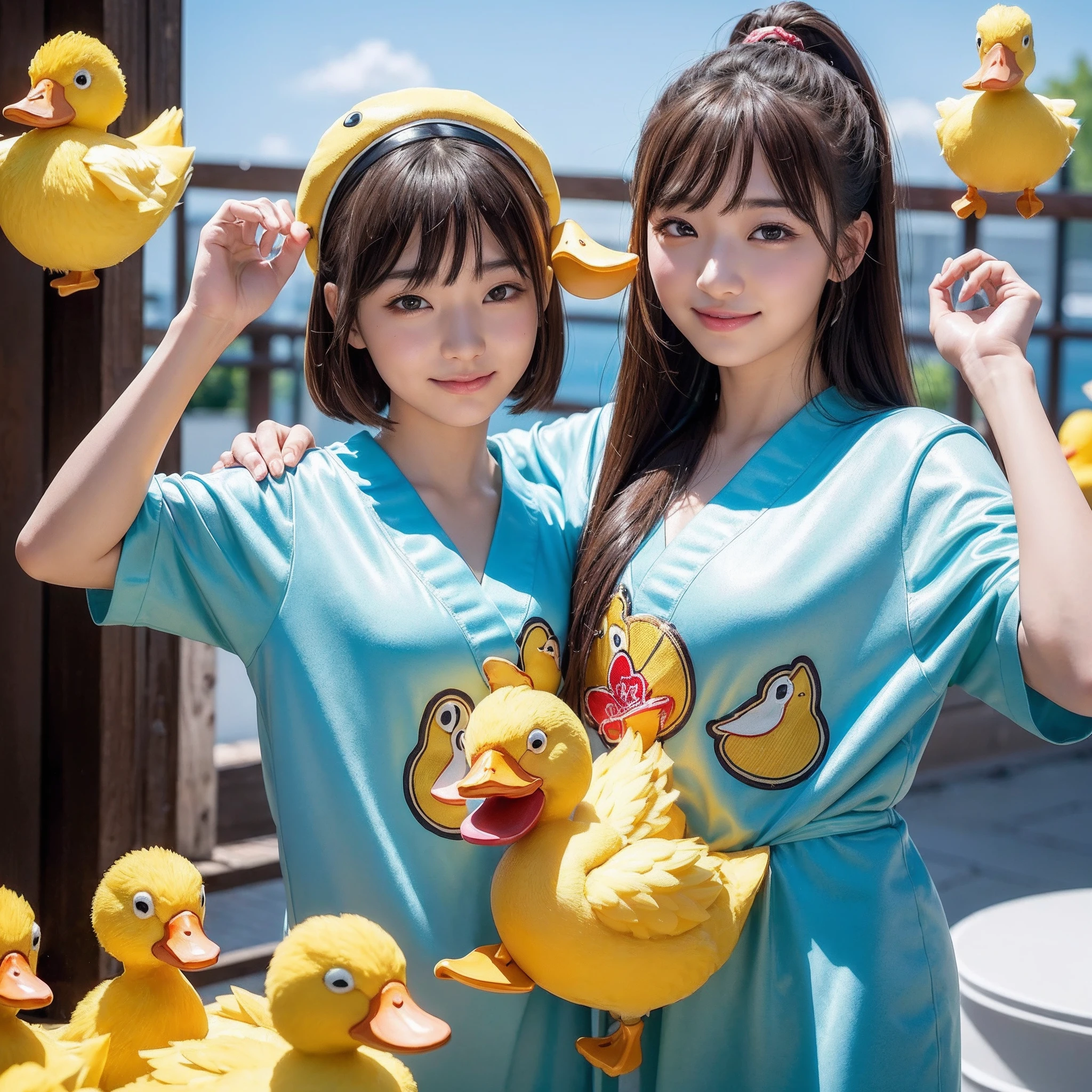(8K、RAW Photos、top-quality、​masterpiece:1.5)、(realisitic、Photorealsitic:1.5)、ultra-detailliert、超A high resolution、lighting like a movie、(((Idols who love ducks)))、(((Japan 16 year old girls)))、(((Wearing a cute costume with a duck motif)))、(a lot of yellow ducks:1.5)、cute smile face、Happy and energetic atmosphere、dynamic ungle、动态照明