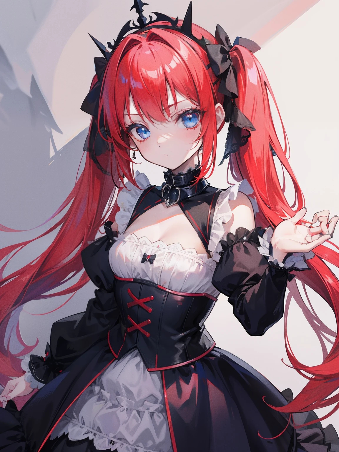 Red hair, Blue eyes, twintails, Goth Lolita, Darkgoth, Collar,Crown tiara,pride,solo,loli,Long hair,{{best quality}}, {{masterpiece}}, {{ultra-detailed}}, {illustration}, {detailed light}, {an extremely delicate and beautiful},little girl,cute,